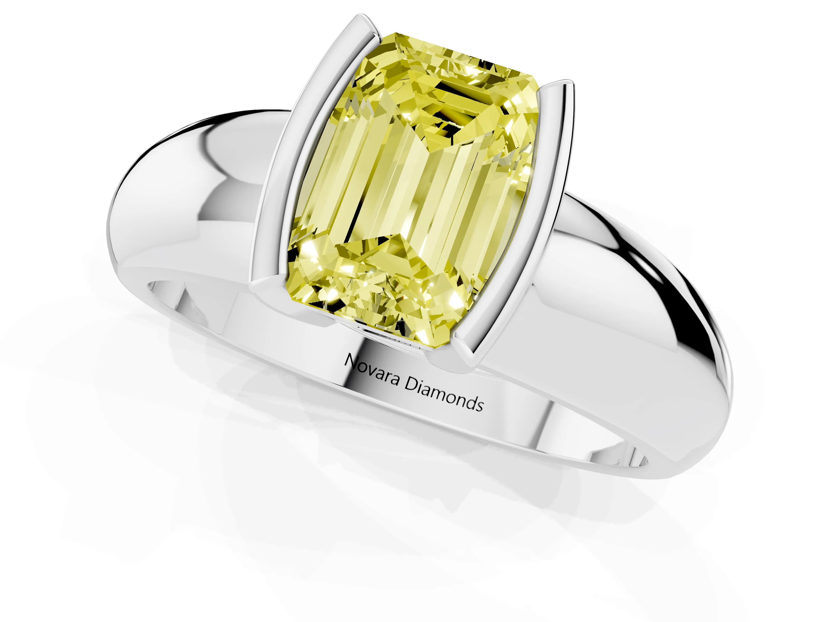 Fancy Yellow Emerald Cut Diamond Solitaire Tension Set Ring Set in Silver with Wide Band