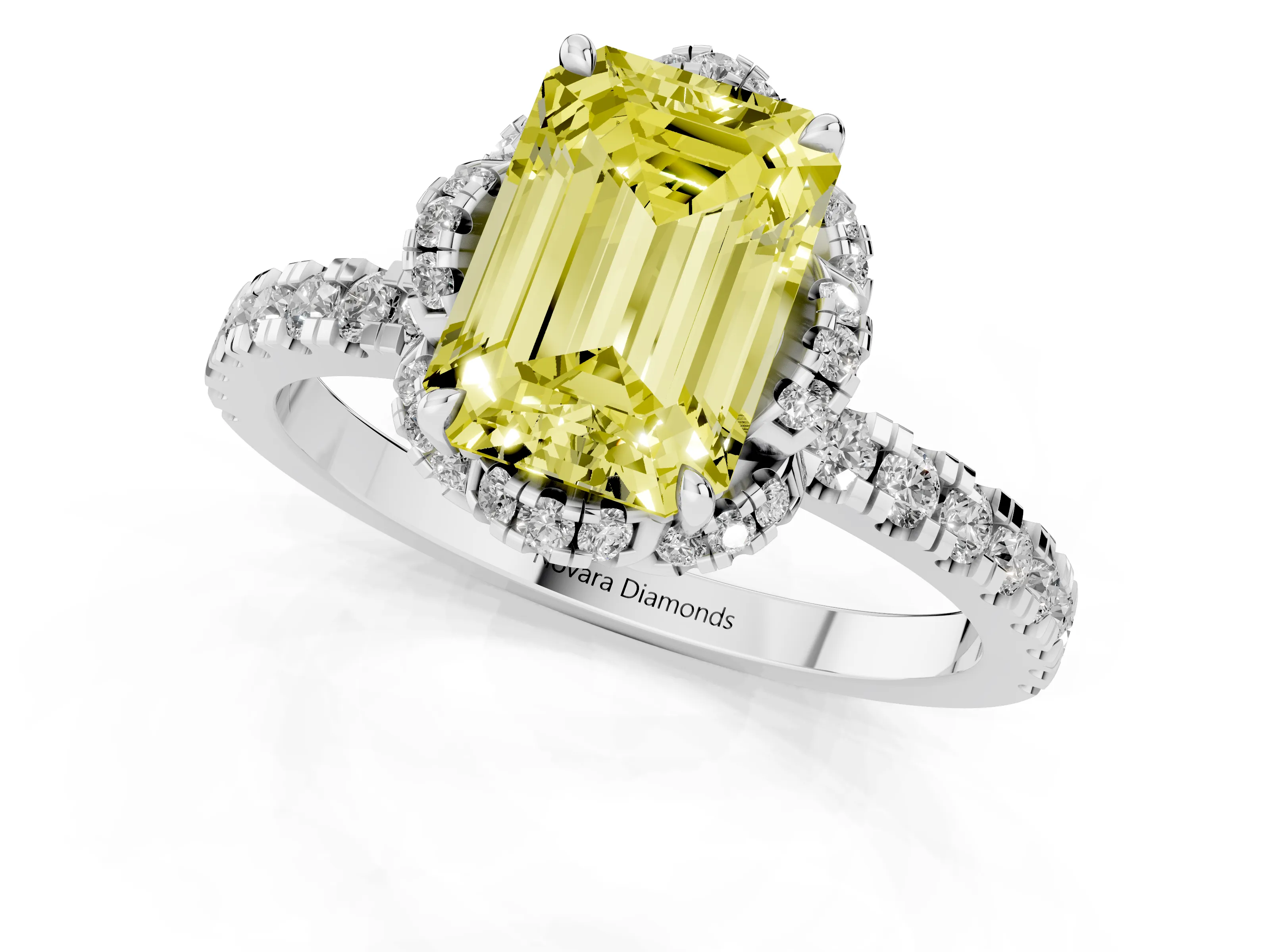 Fancy Yellow Emerald Cut Diamond Halo Pavé Band Ring Set in Platinum with Prong-Held Center