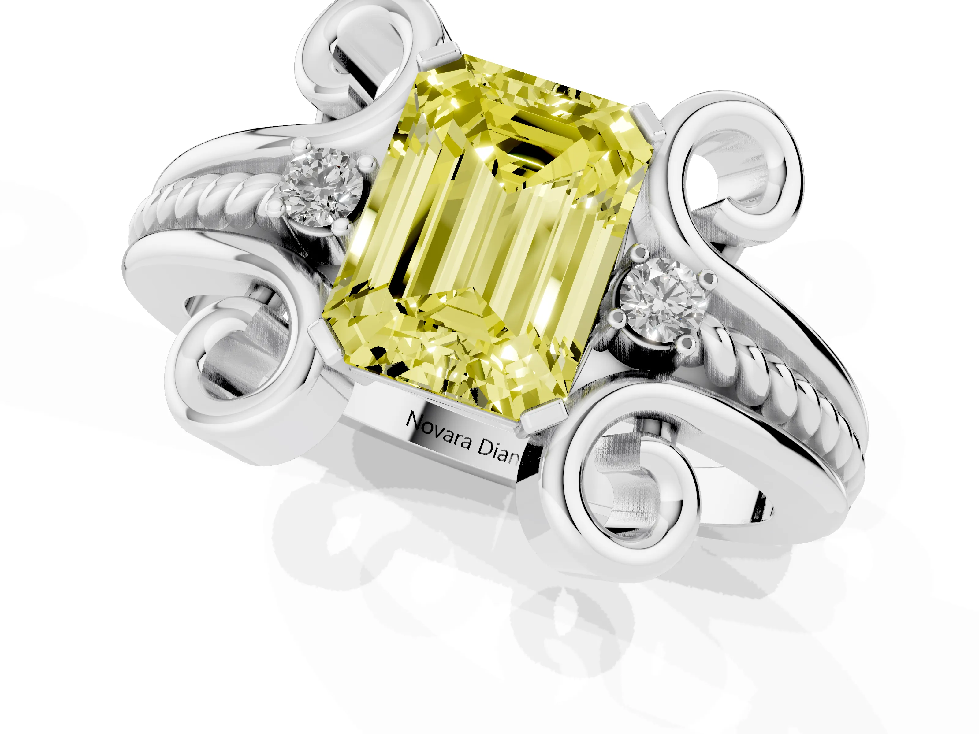 Fancy Yellow Emerald Cut Diamond Twisted Band Solitaire Ring Set in Platinum with Scroll Prongs