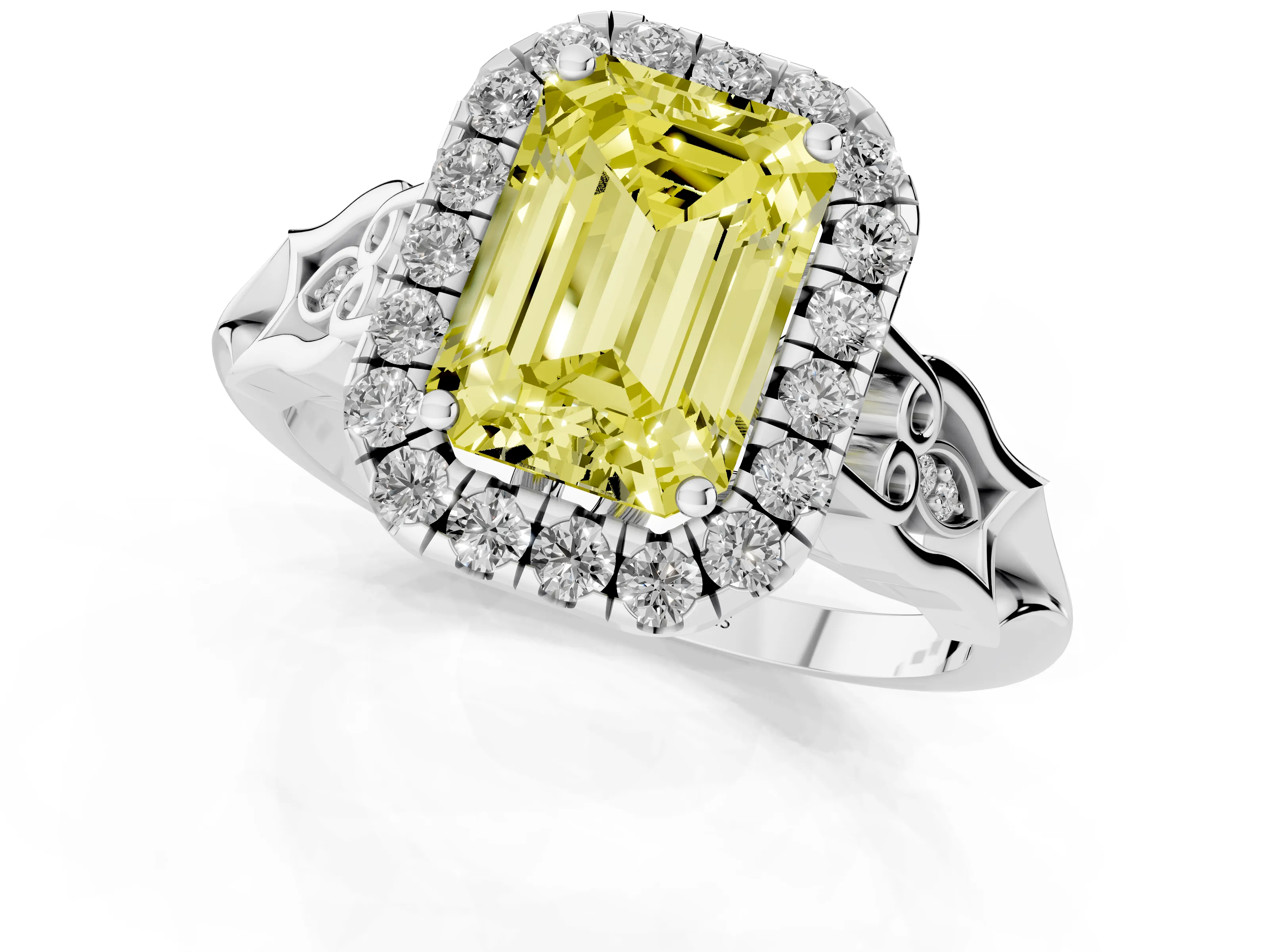 Fancy Yellow Emerald Cut Diamond Halo Engagement Ring Set in Platinum with Filigree Band and Prong-Set Center