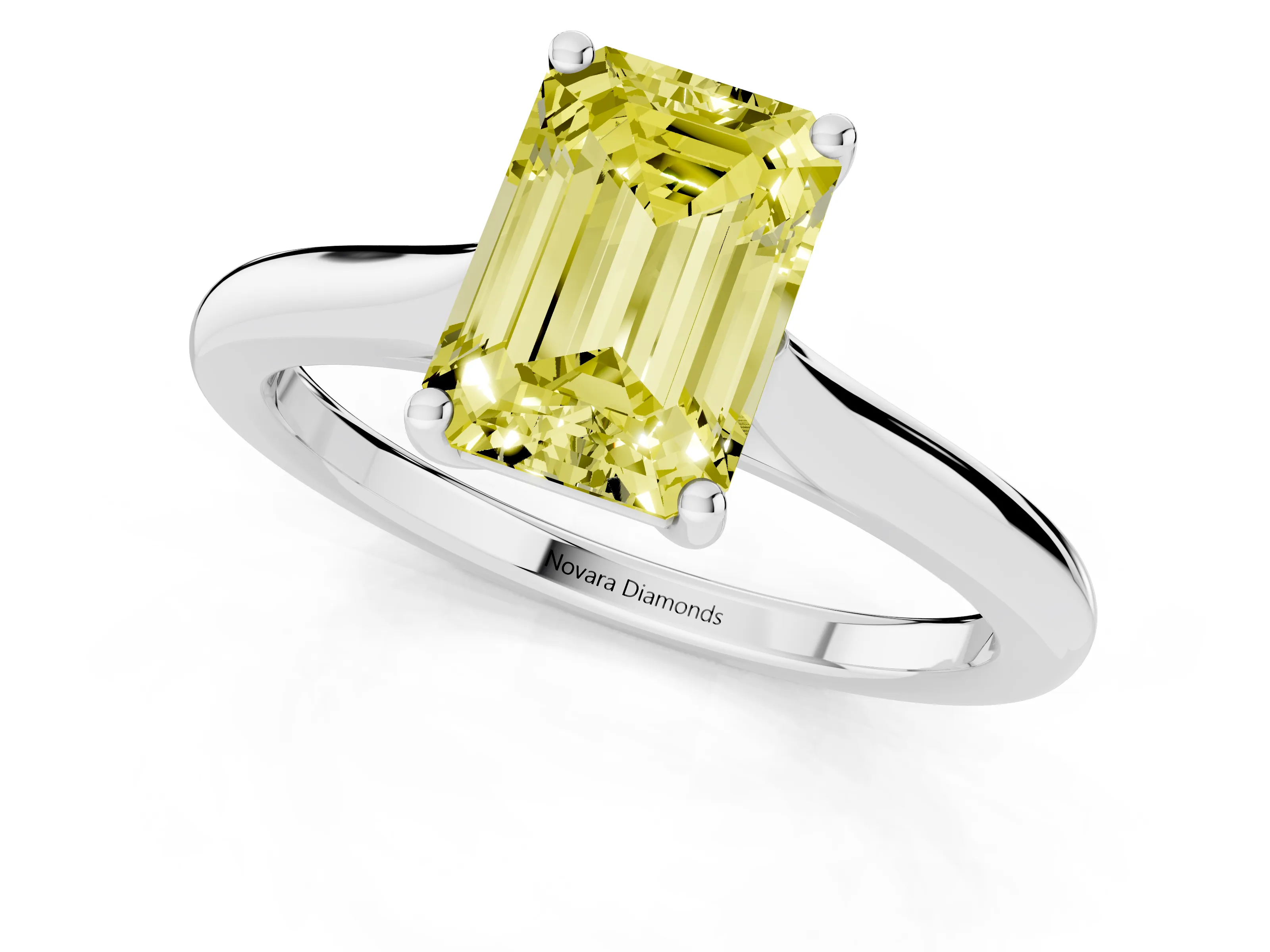 Fancy Yellow Emerald Cut Diamond Solitaire Ring Set in Silver with Cathedral Band and Prong Setting