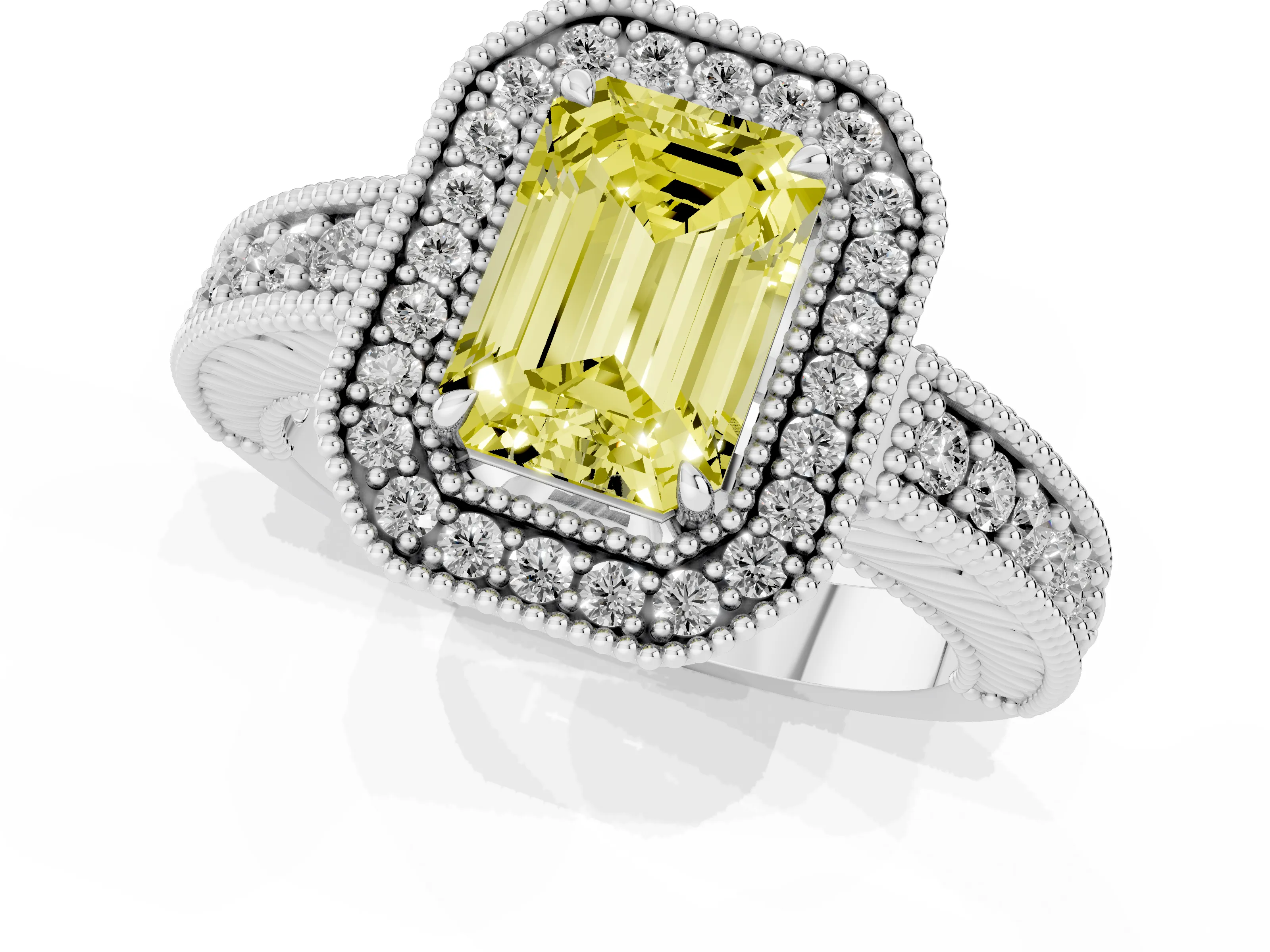 Fancy Yellow Emerald Cut Diamond Halo Ring Set in Silver with Round Accent Halo, Pavé Band and Prong Setting