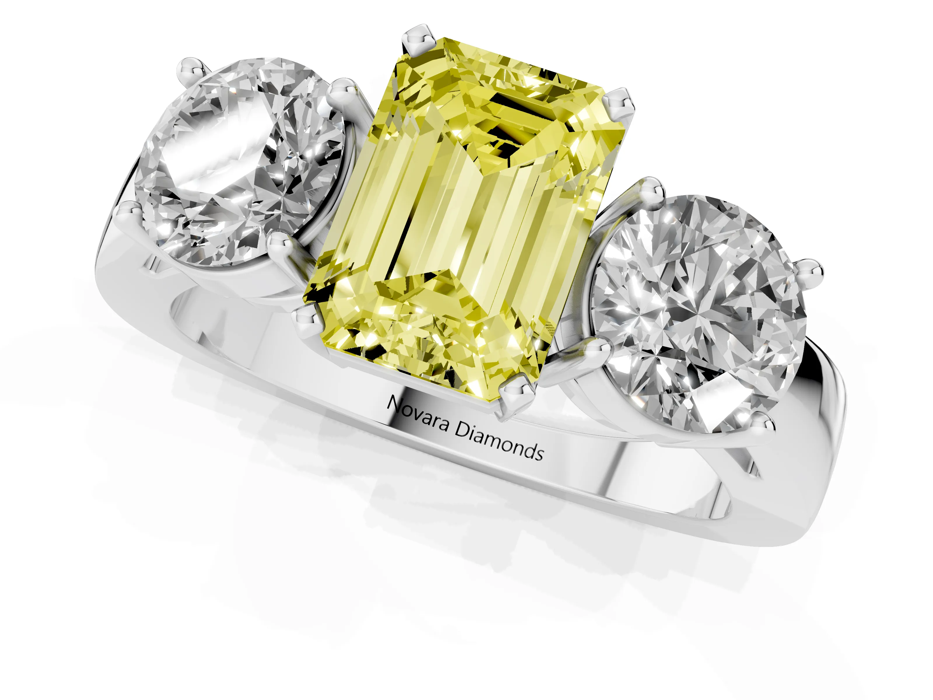 Fancy Yellow Emerald Cut Diamond Three-Stone Ring Set in White gold with Round Side Stones and Classic Band