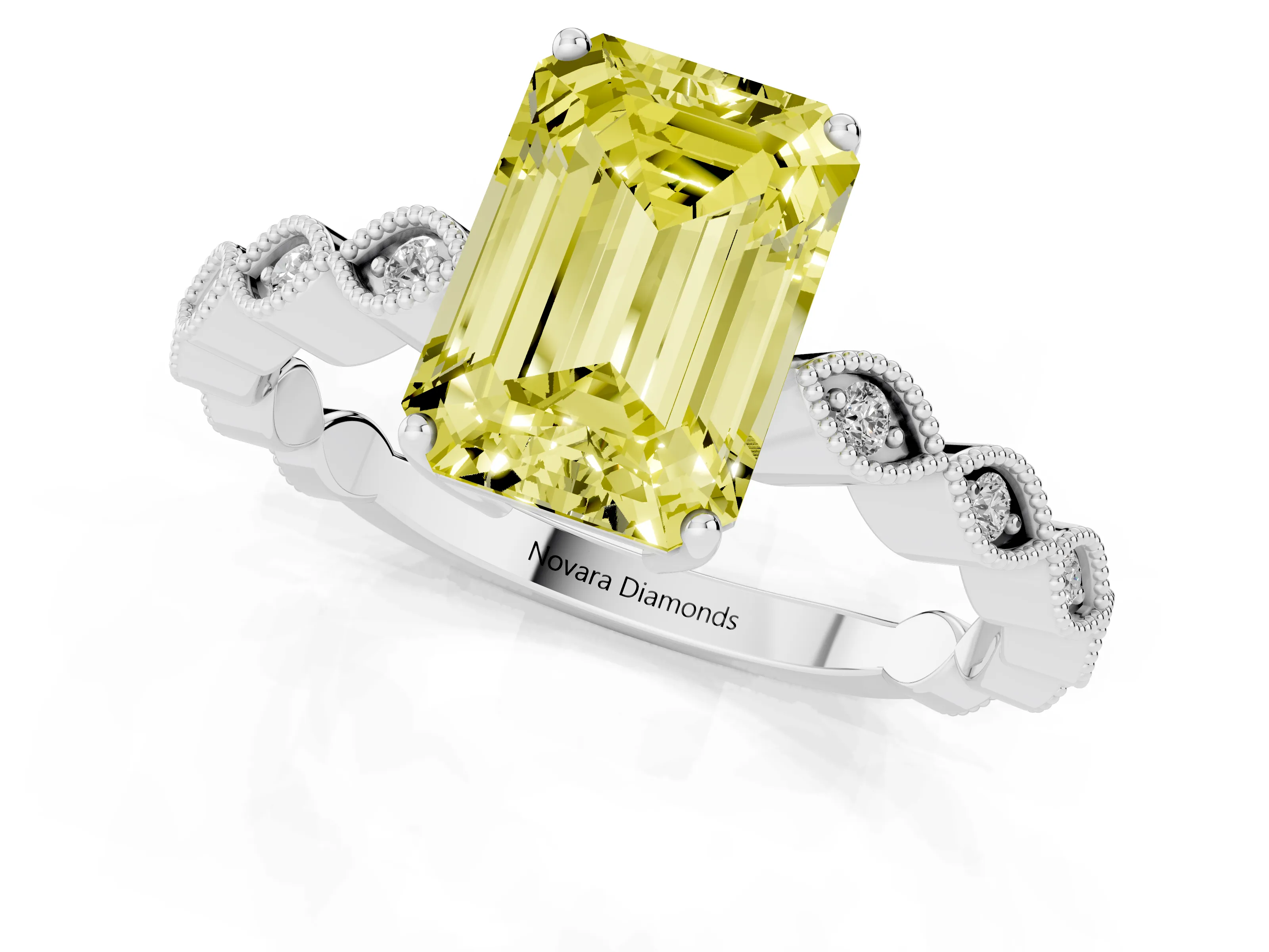 Fancy Yellow Emerald Cut Diamond Solitaire Ring Set in Silver with Infinity Twist Pavé Band