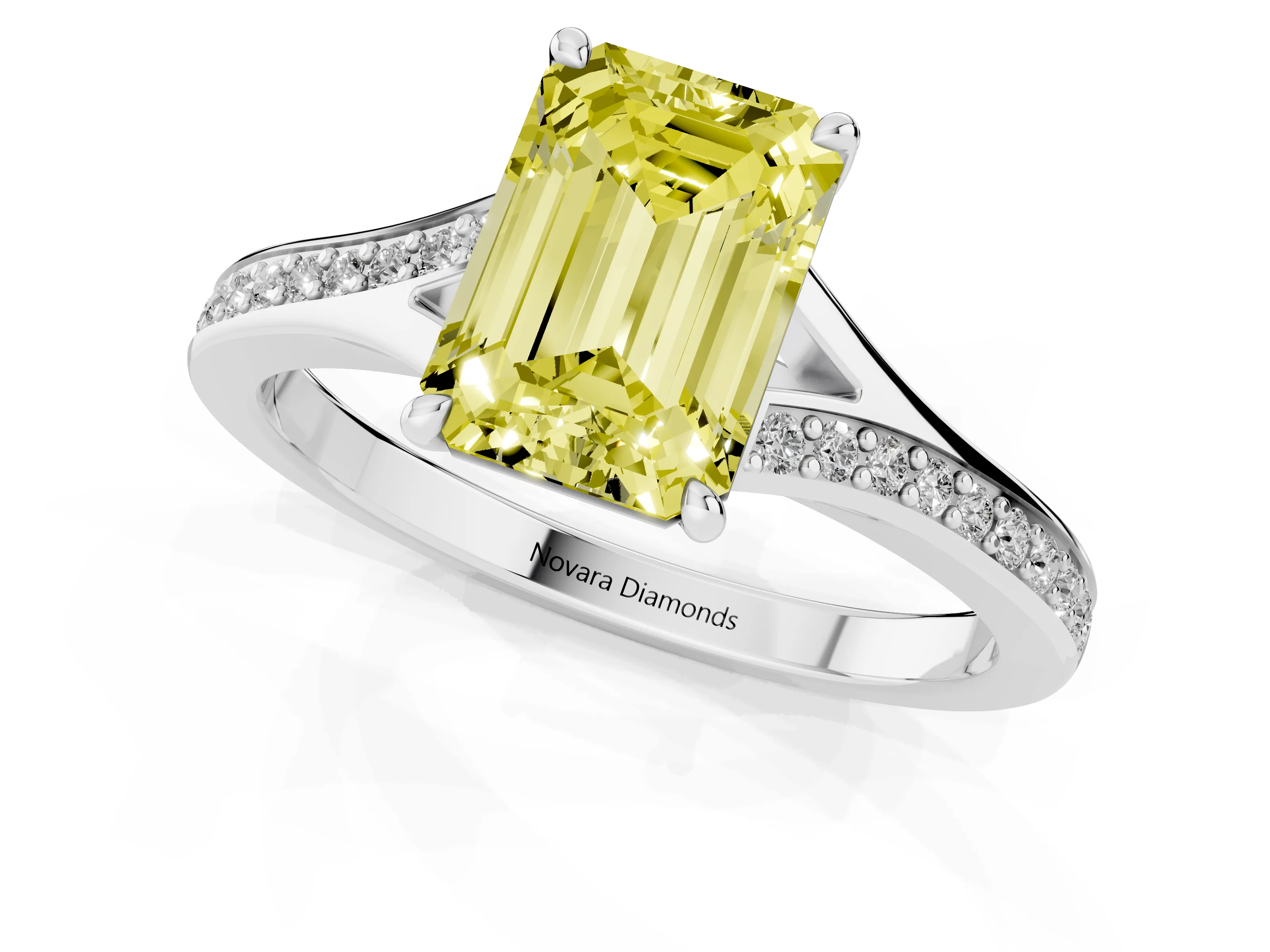Fancy Yellow Emerald Cut Diamond Solitaire Ring Set in Silver with Pavé Accent Band and Classic Prong Setting