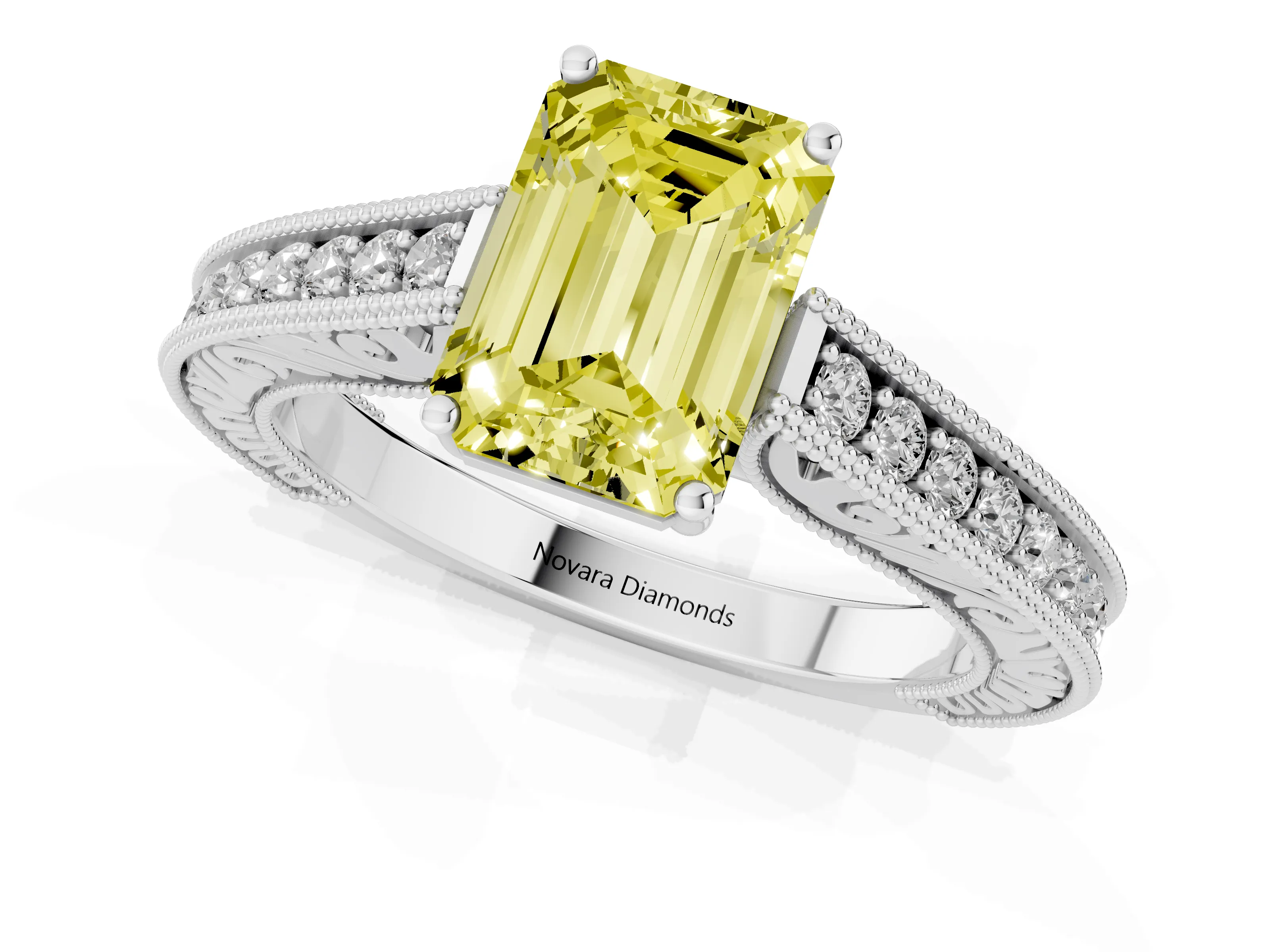 Fancy Yellow Emerald Cut Diamond Milgrain Pavé Band Solitaire Ring Set in Silver with Prong Setting