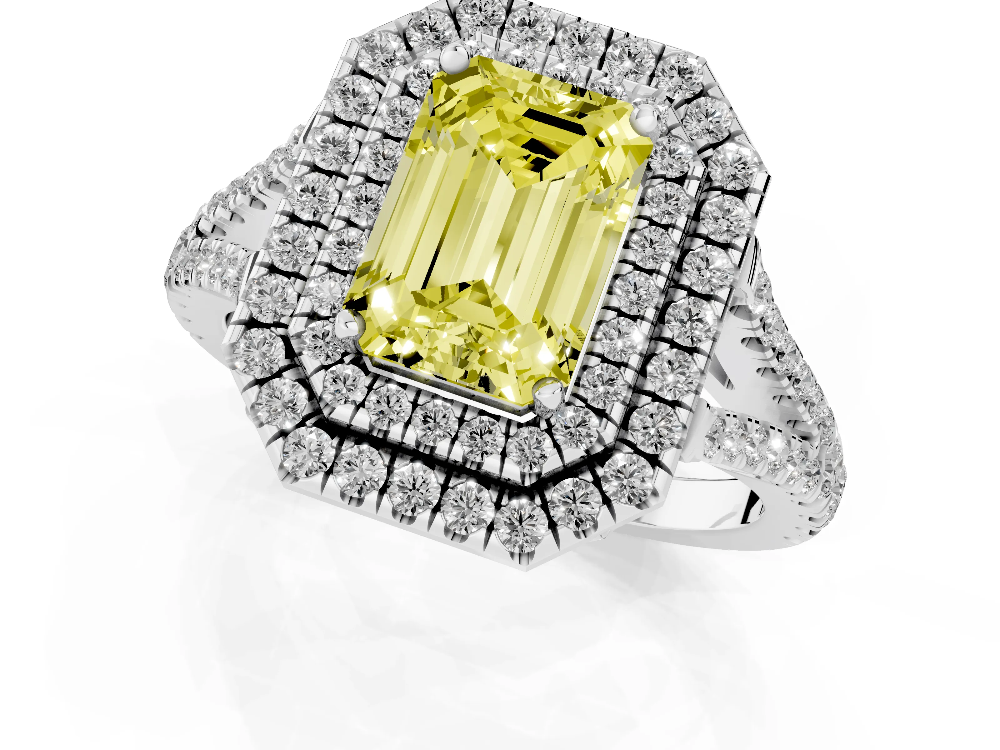 Fancy Yellow Emerald Cut Diamond Double Halo Ring Set in Silver with Pavé Band – second view
