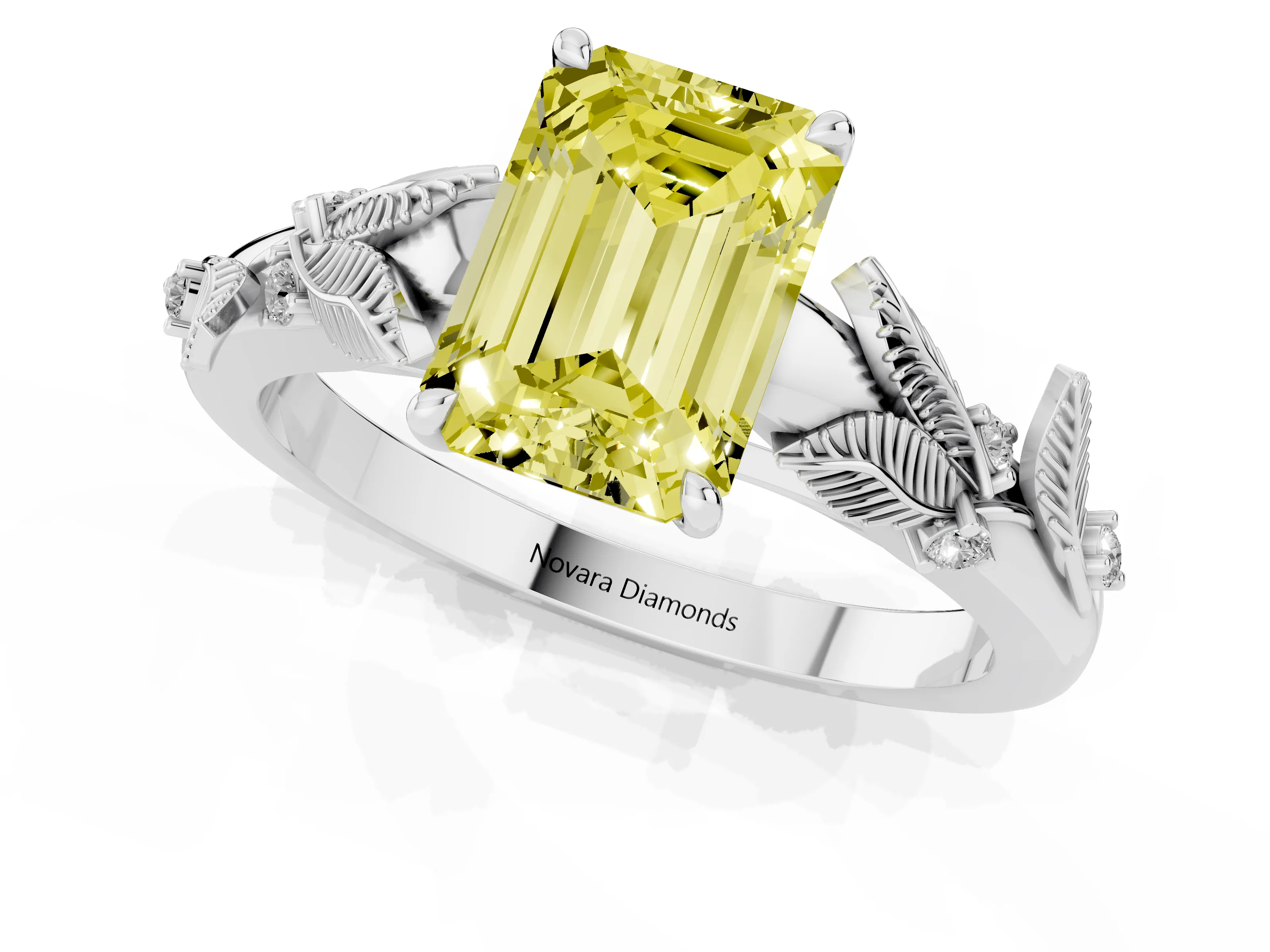 Fancy Yellow Emerald Cut Diamond Solitaire Ring Set in Silver with Leaf Motif Band