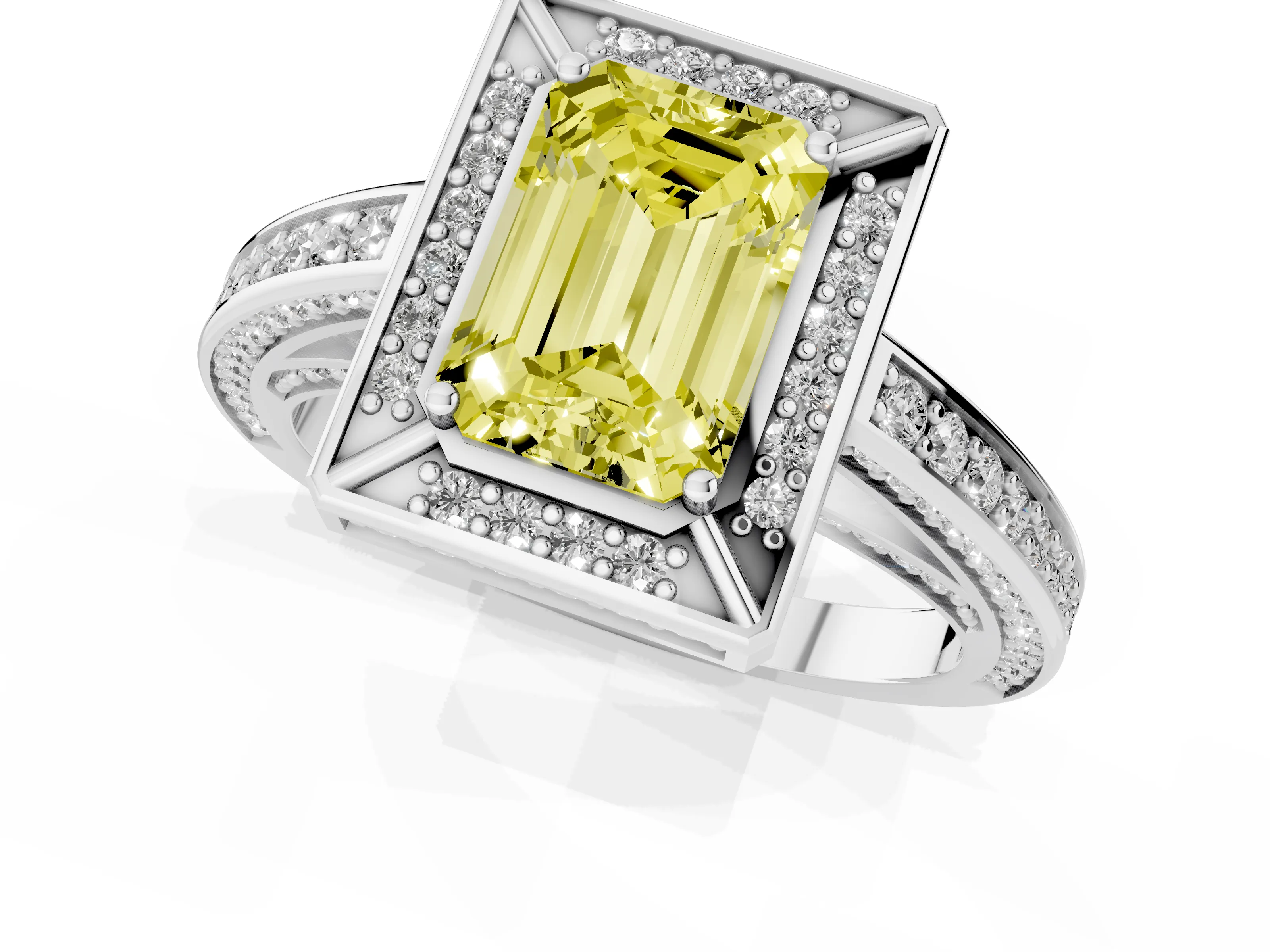 Fancy Yellow Emerald Cut Diamond Halo Pavé Split Shank Ring Set in Silver with Prong Setting