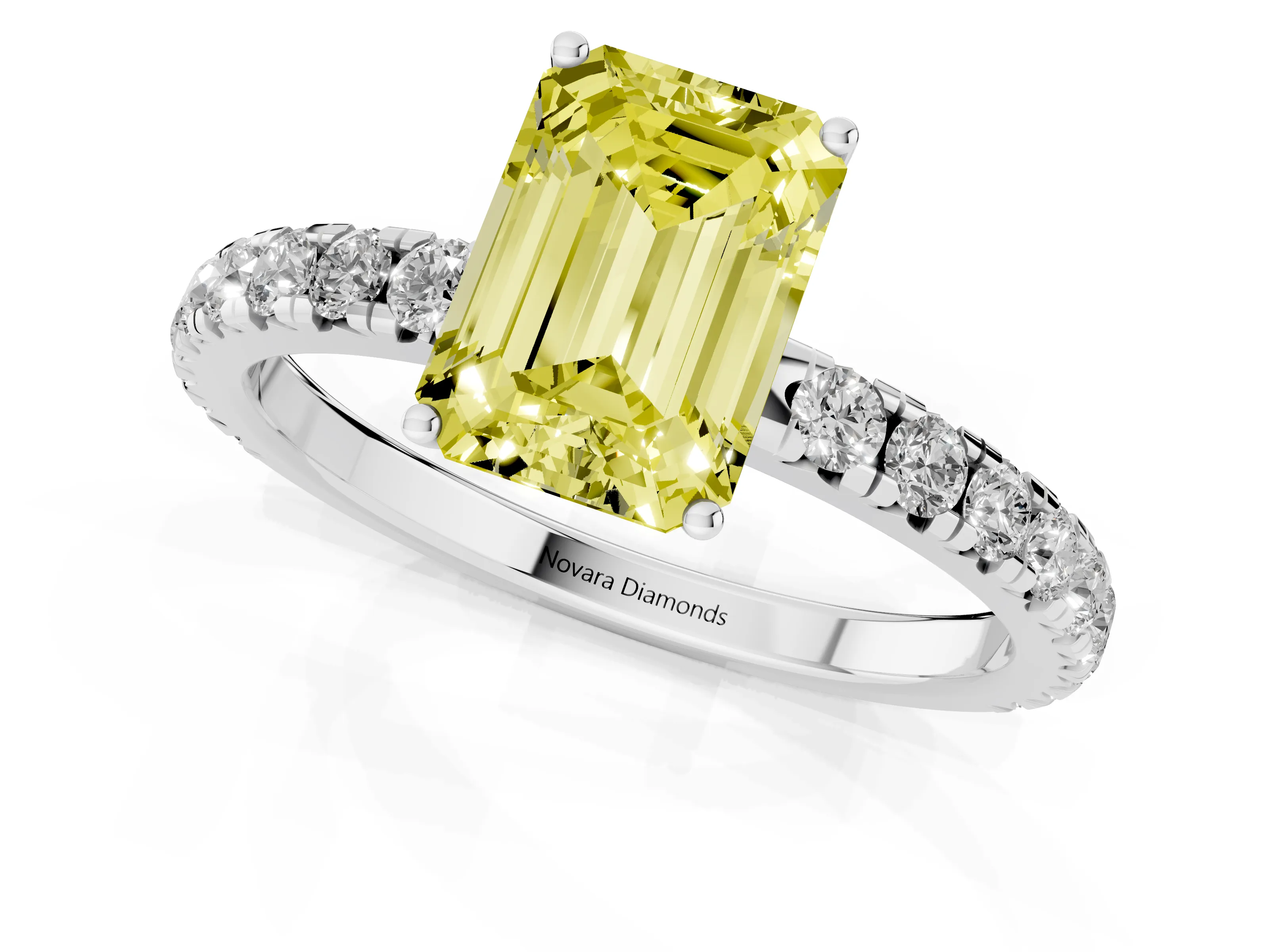 Fancy Yellow Emerald Cut Diamond Pavé Solitaire Engagement Ring Set in Platinum with Prong Setting