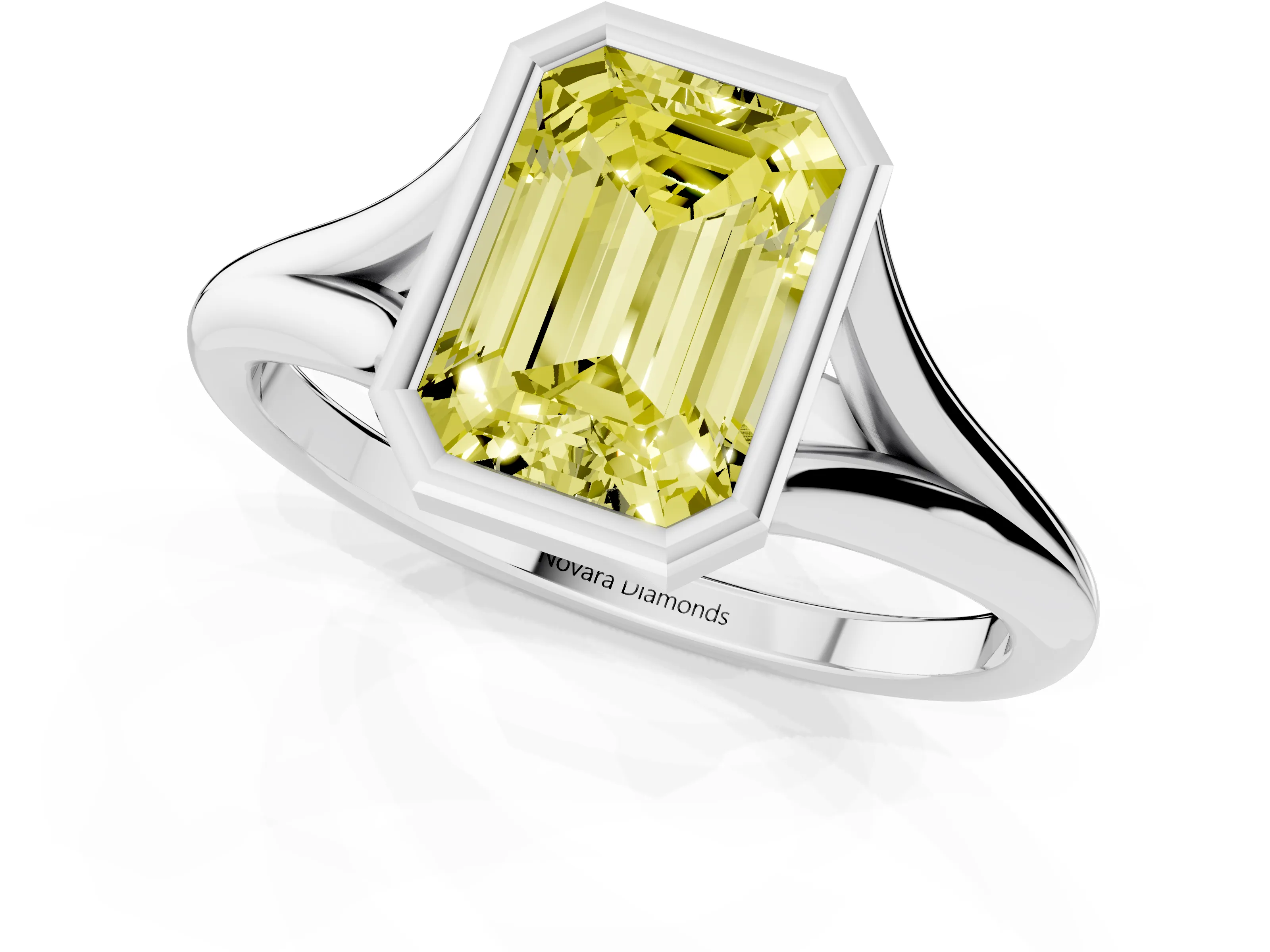 Fancy Yellow Bezel Set Emerald Cut Diamond Solitaire Ring Set in Platinum with Tapered Band