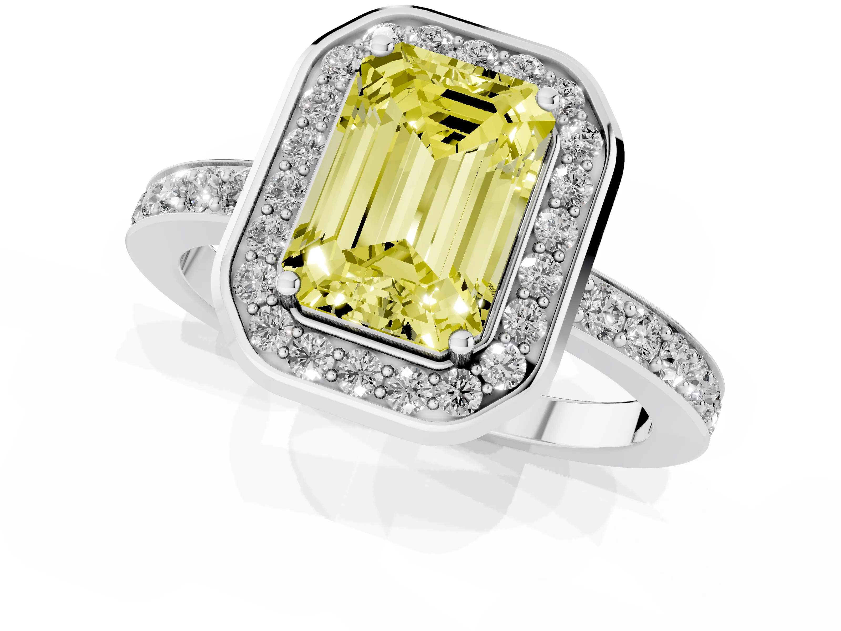 Fancy Yellow Emerald Cut Diamond Halo Ring Set in Silver with Bezel Frame and Pavé Band