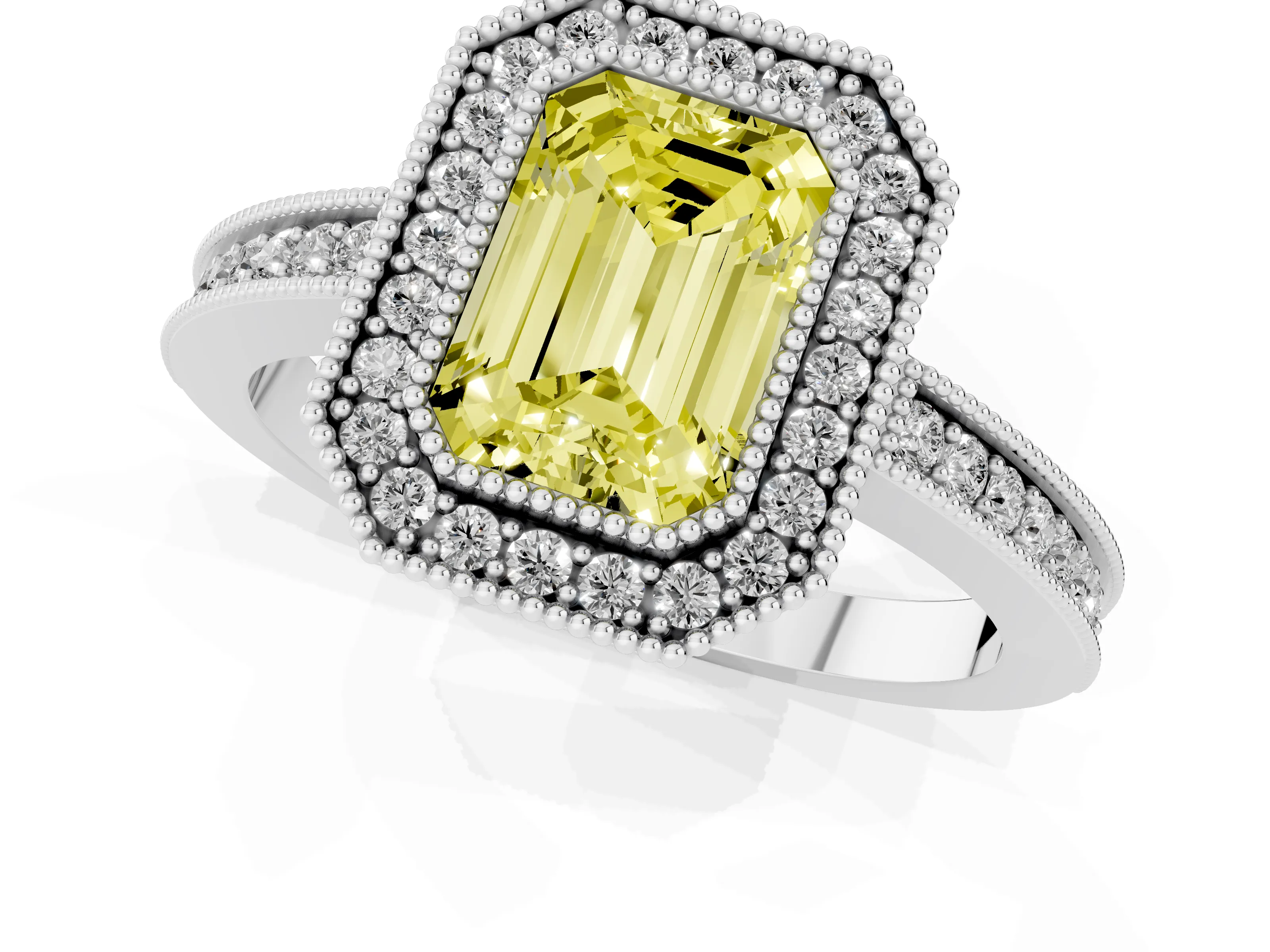 Fancy Yellow Emerald Cut Diamond Round Halo Ring Set in White gold with Pavé Band