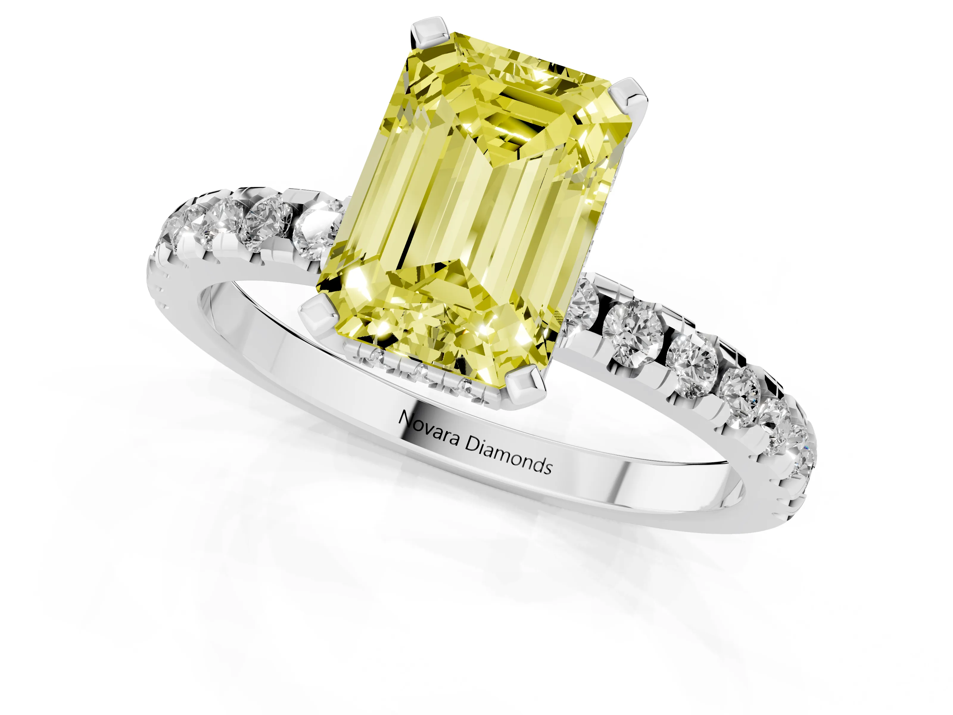 Fancy Yellow Emerald Cut Diamond Pavé Solitaire Ring Set in Platinum with Round Band Accents and Prong Setting – second view