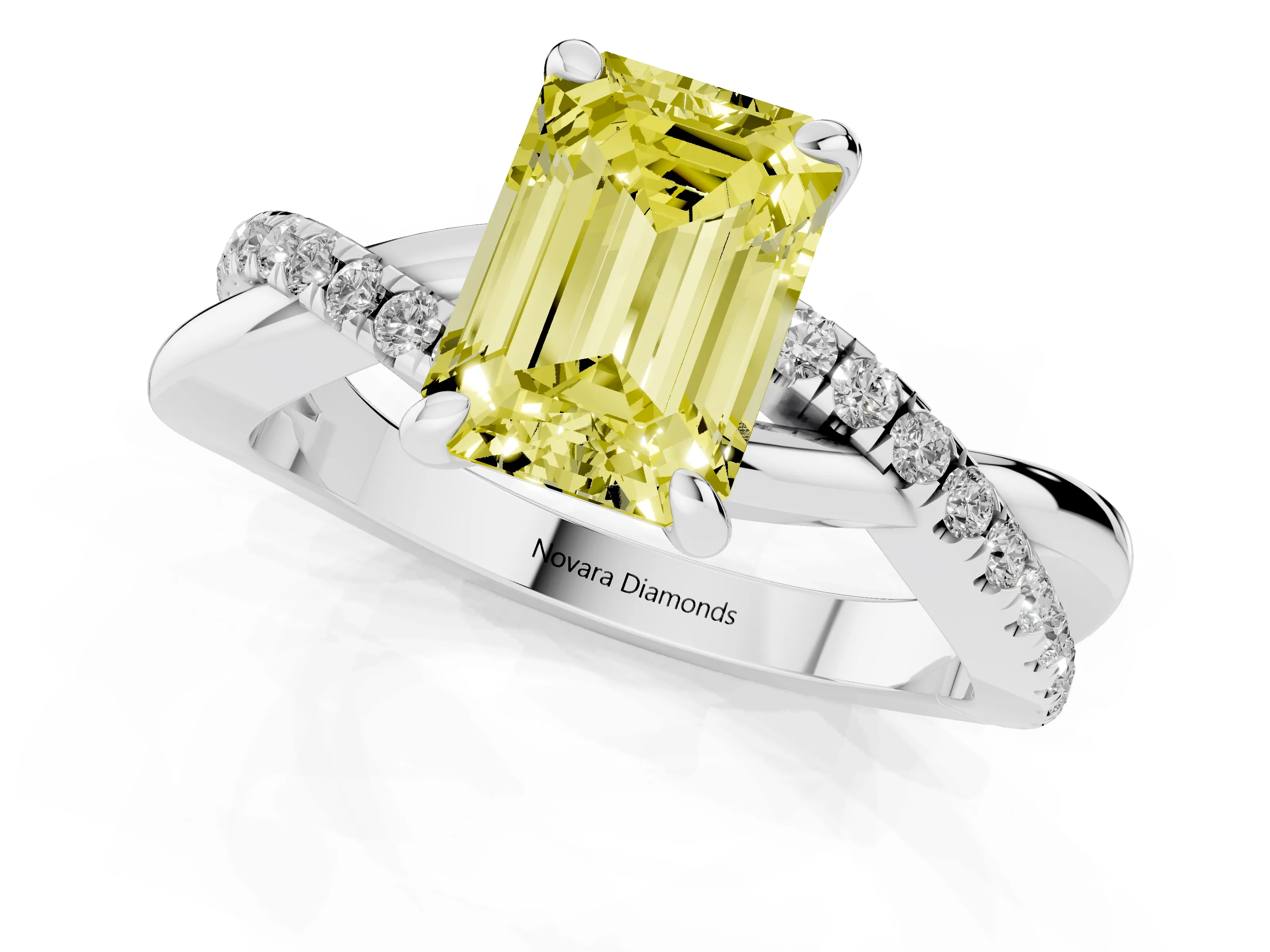 Fancy Yellow Emerald Cut Diamond Twist Band Pavé Solitaire Ring Set in Silver with Prong Setting