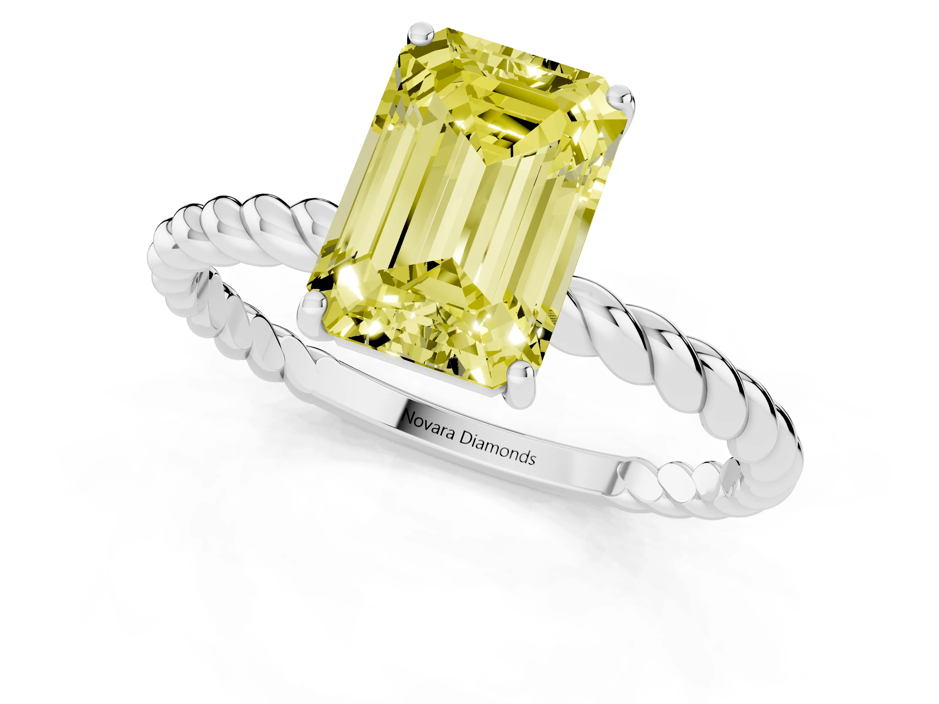 Fancy Yellow Emerald Cut Diamond Solitaire Ring Set in White gold with Twist Band and Prong Setting