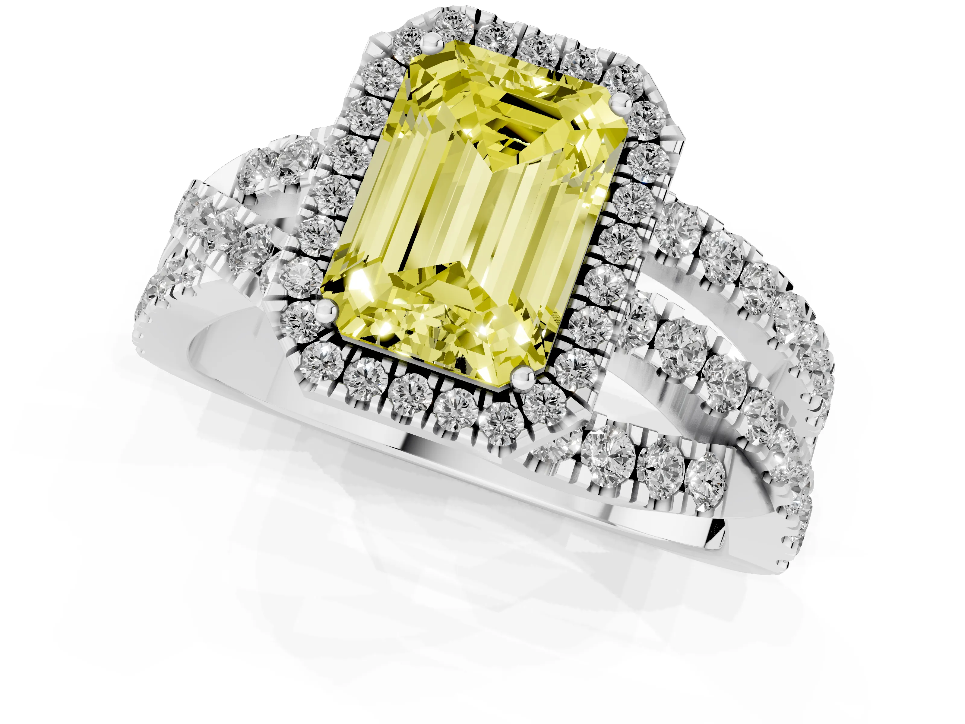 Fancy Yellow Emerald Cut Diamond Halo Ring Set in Platinum with Round Crossover Split Shank and Prong Setting