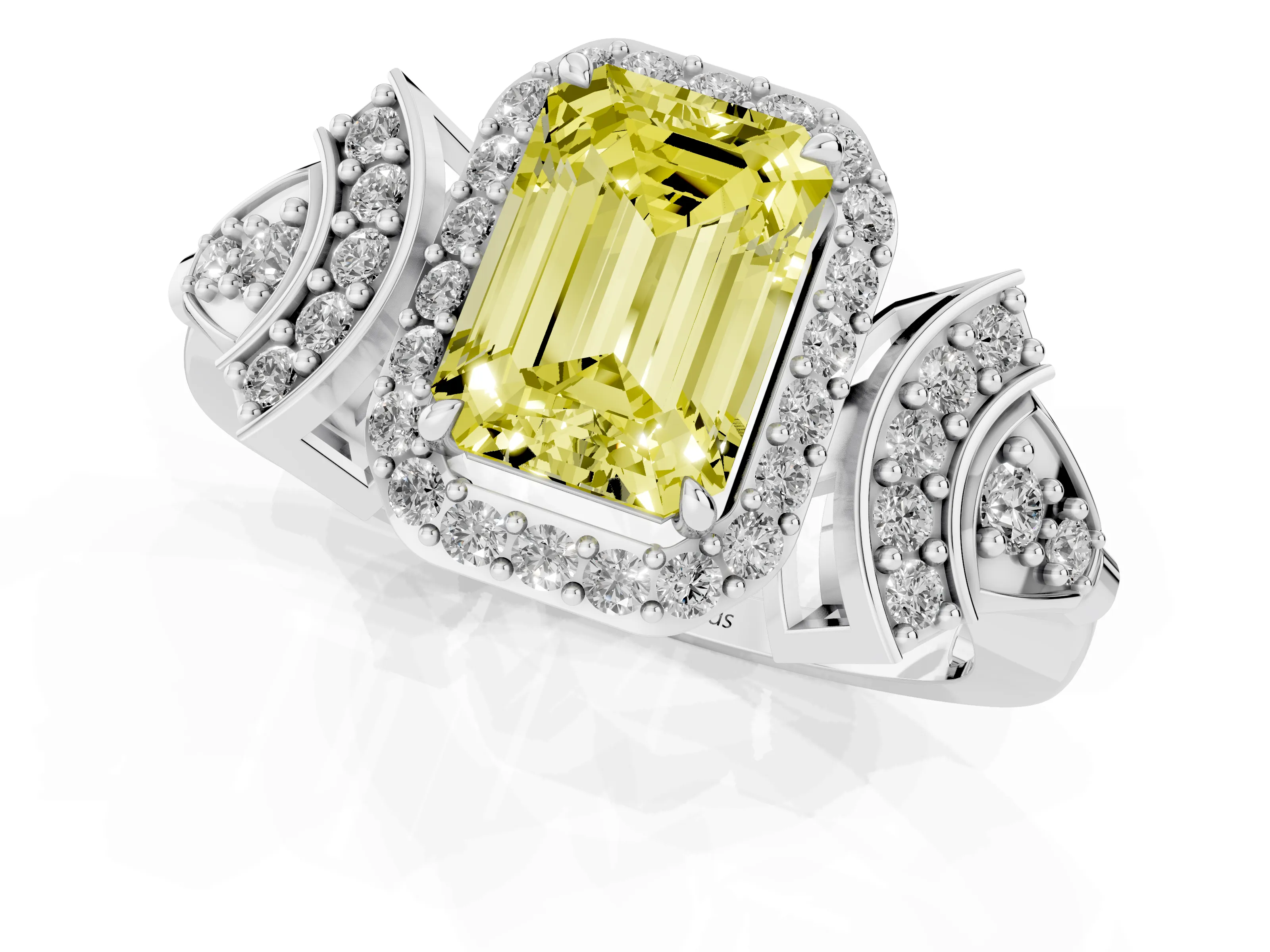 Fancy Yellow Emerald Cut Diamond Halo Engagement Ring Set in White gold with Accent Stone Split Shank