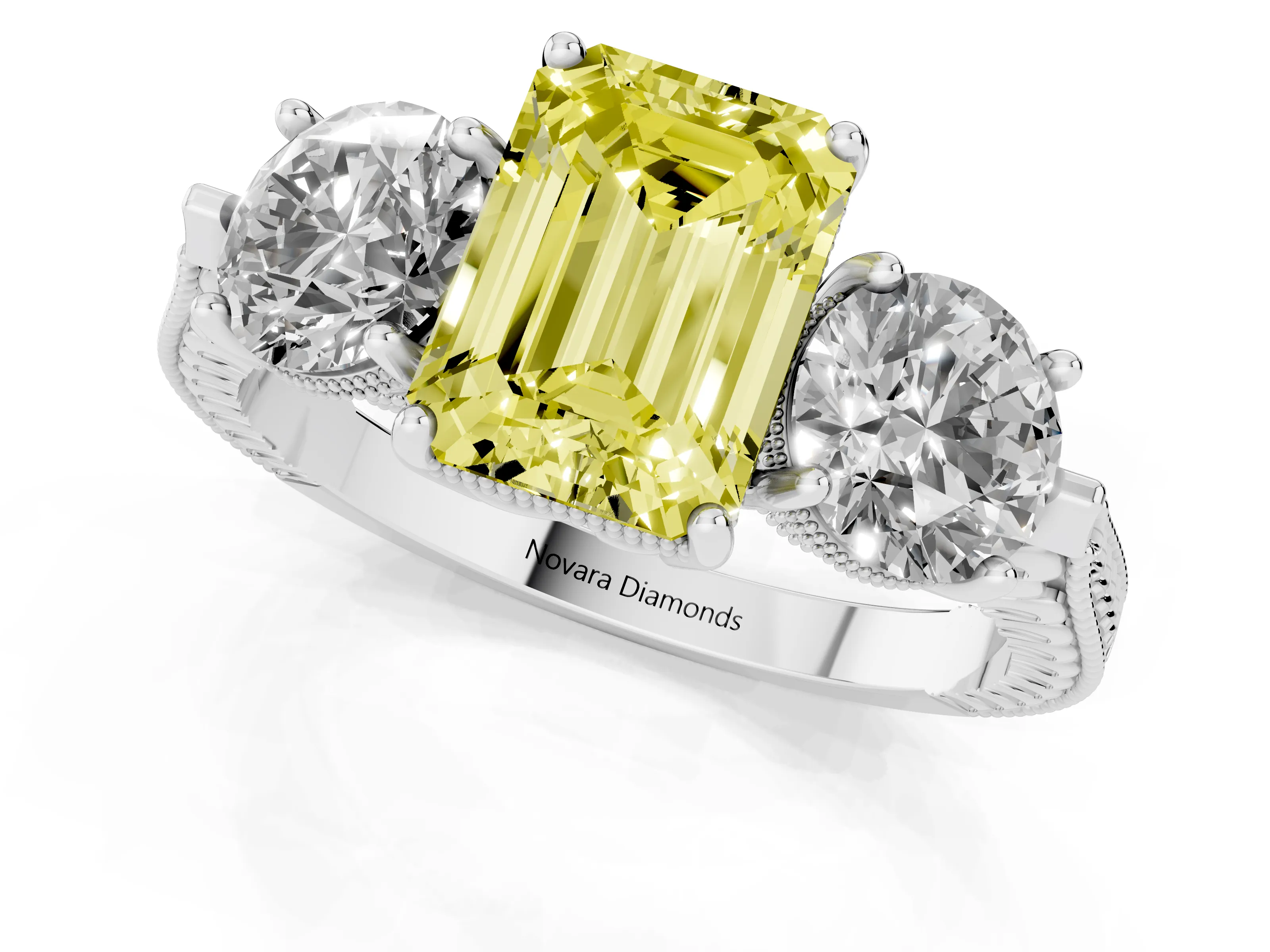 Fancy Yellow Emerald Cut Diamond Three-Stone Ring Set in Platinum with Milgrain Band