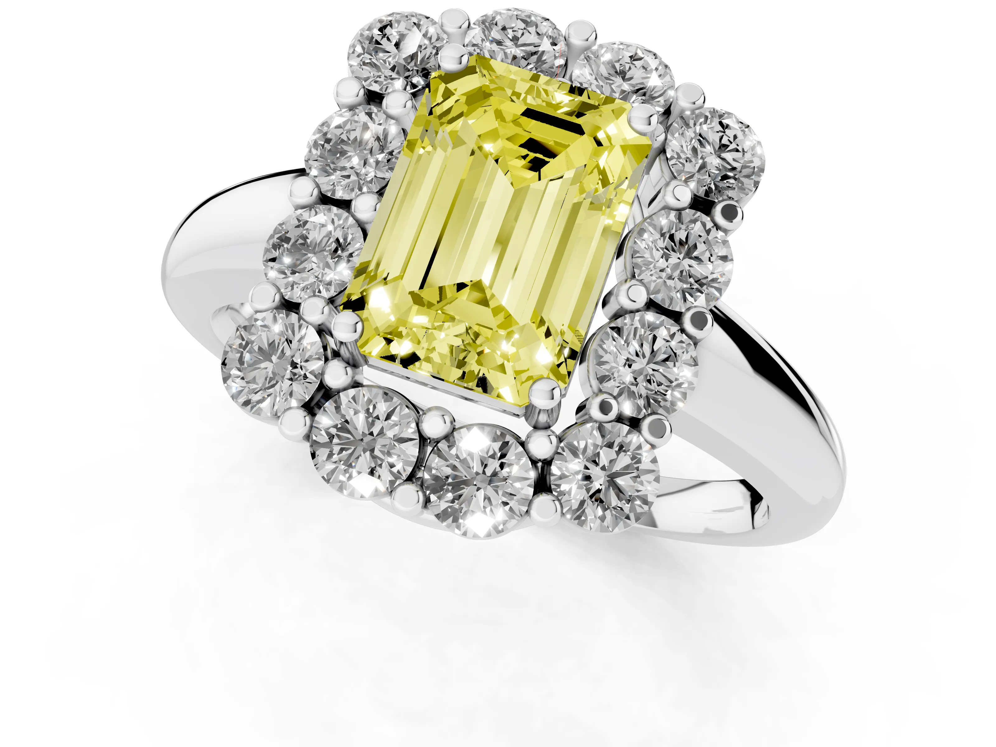 Fancy Yellow Emerald Cut Diamond Halo Cluster Engagement Ring Set in White gold with Polished Band and Prong Setting