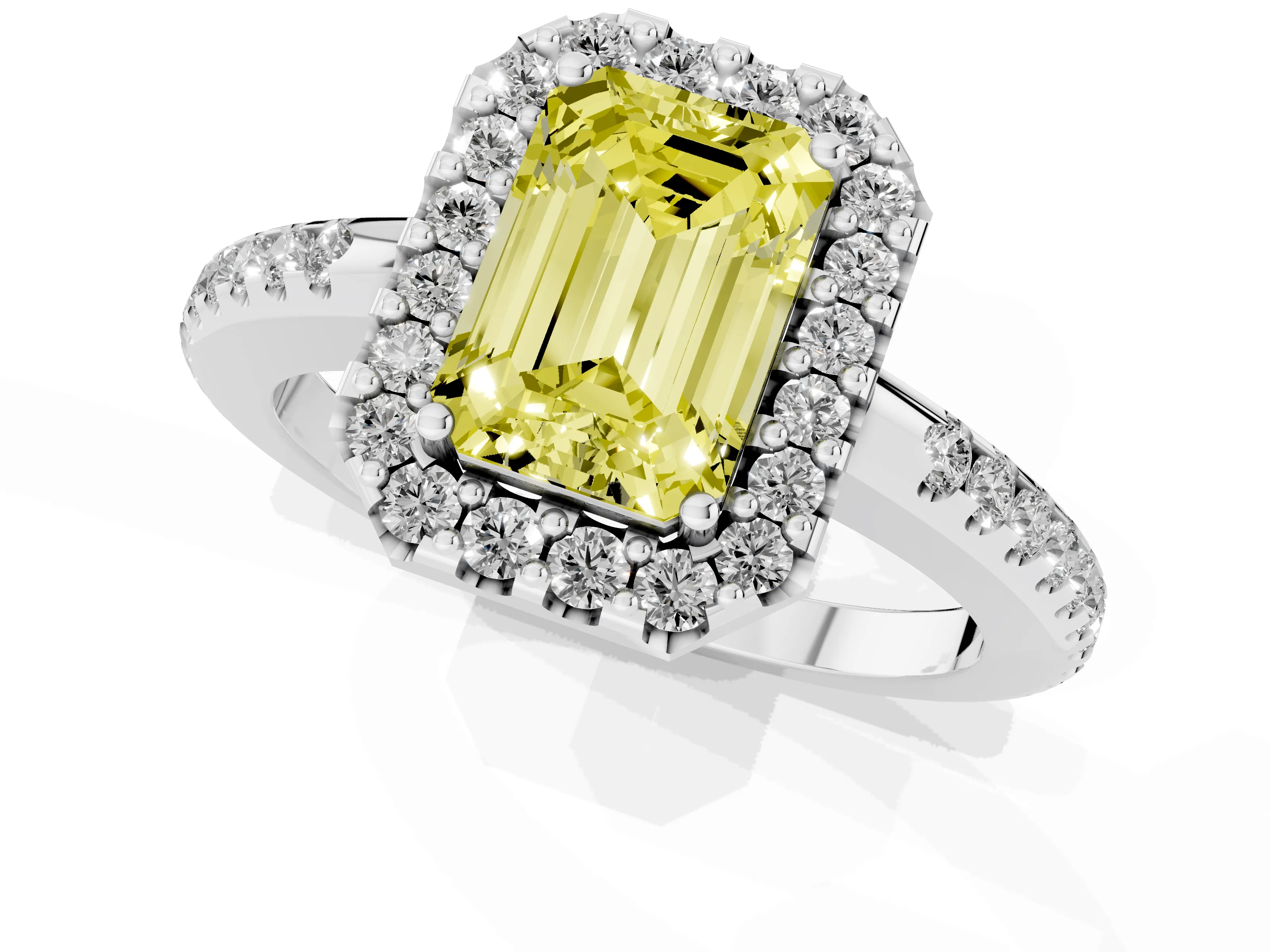 Fancy Yellow Emerald Cut Diamond Pavé Halo Ring Set in Silver with Prong Setting