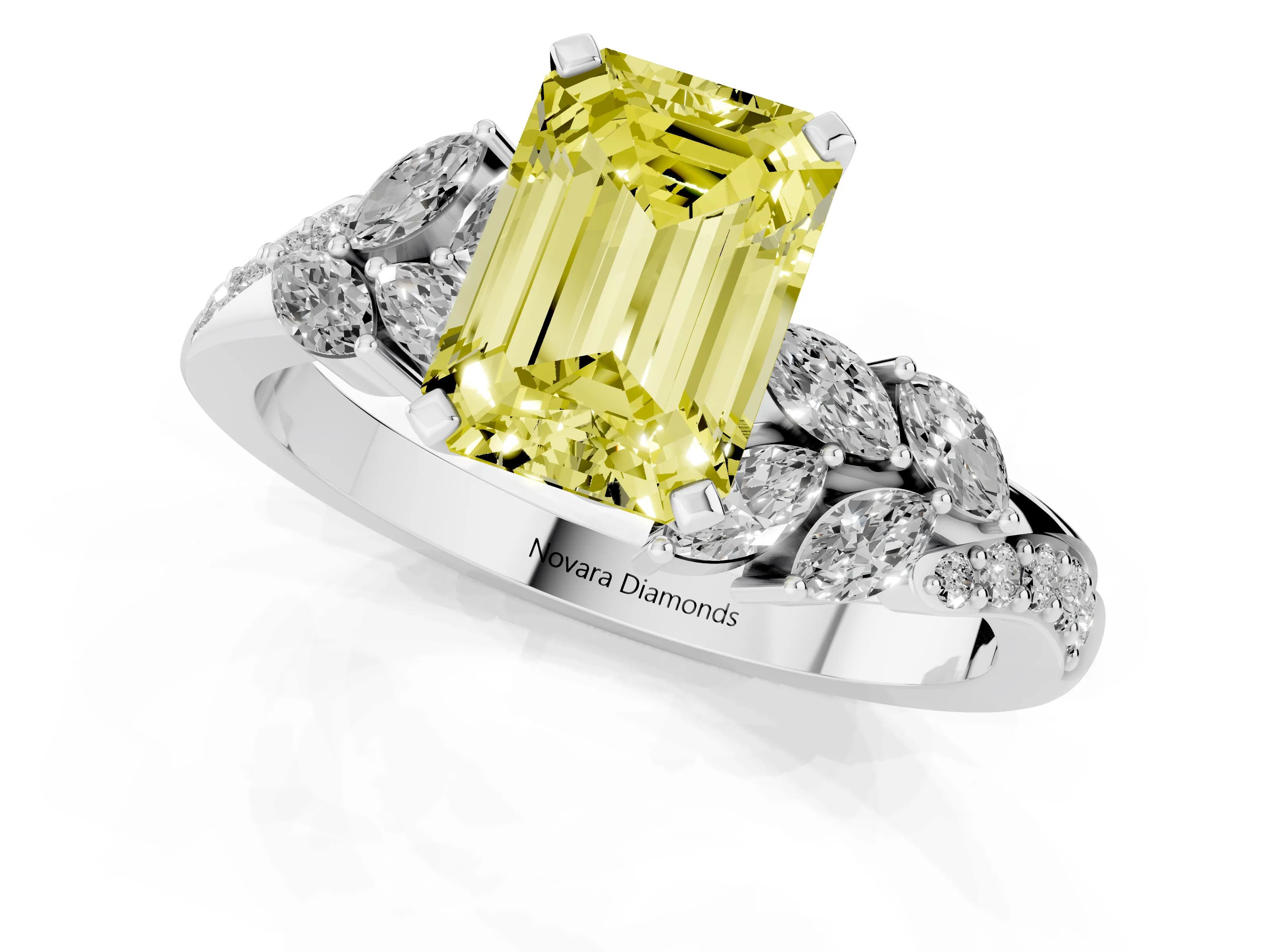 Fancy Yellow Emerald Cut Diamond Solitaire Ring Set in Platinum with Marquise Twist Band and Prong Setting