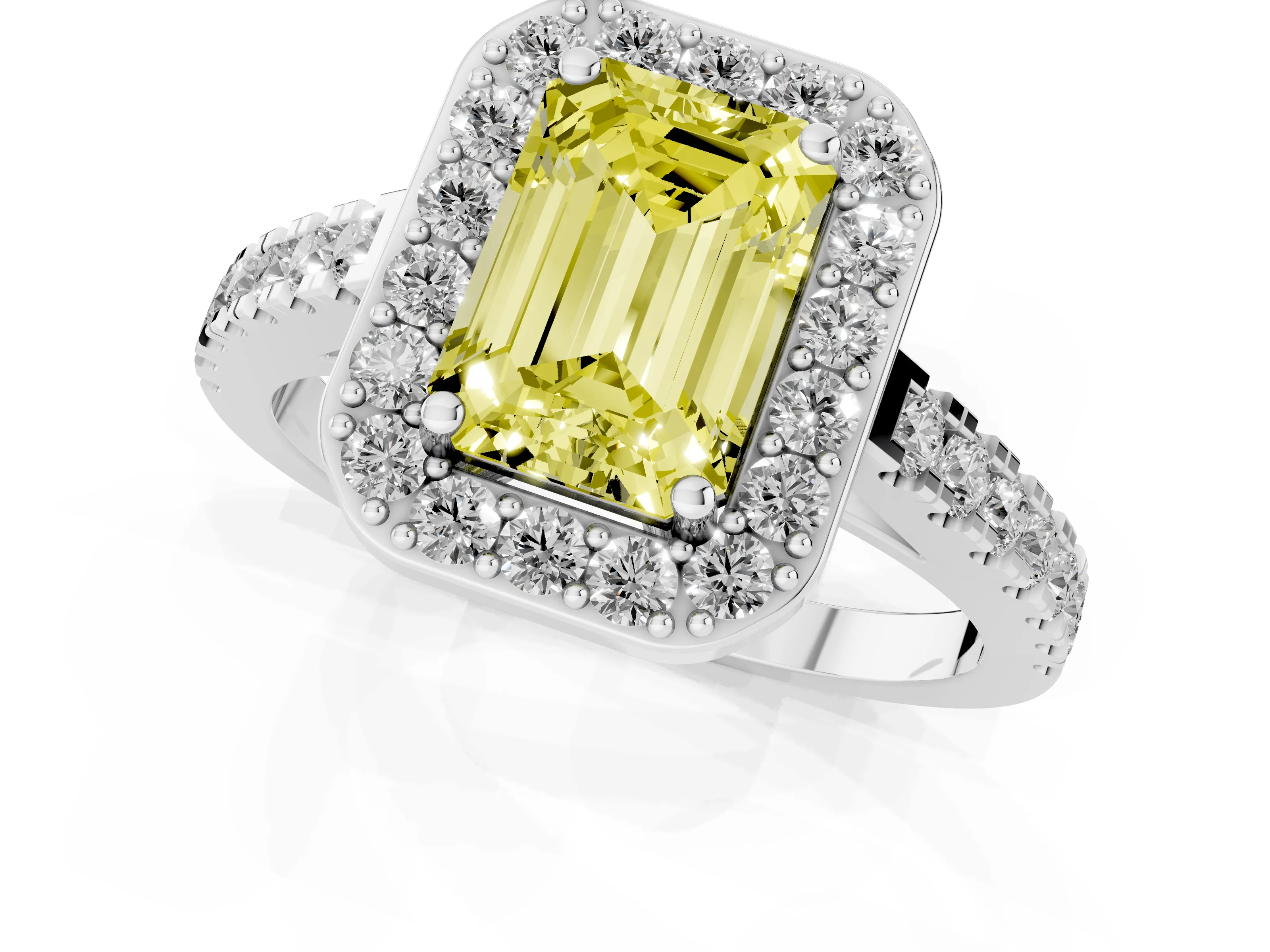 Fancy Yellow Emerald Cut Diamond Halo Ring Set in Silver with Round Pavé Split Shank and Prong Setting