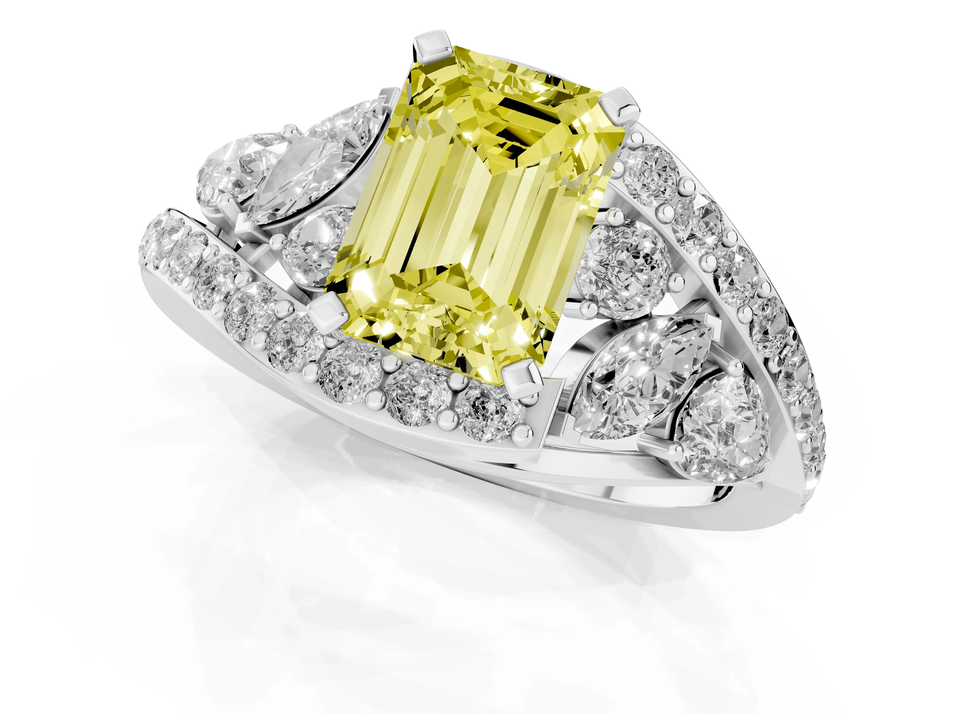 Fancy Yellow Emerald Cut Diamond Halo Ring Set in White gold with Marquise and Pavé Band in Prong Setting