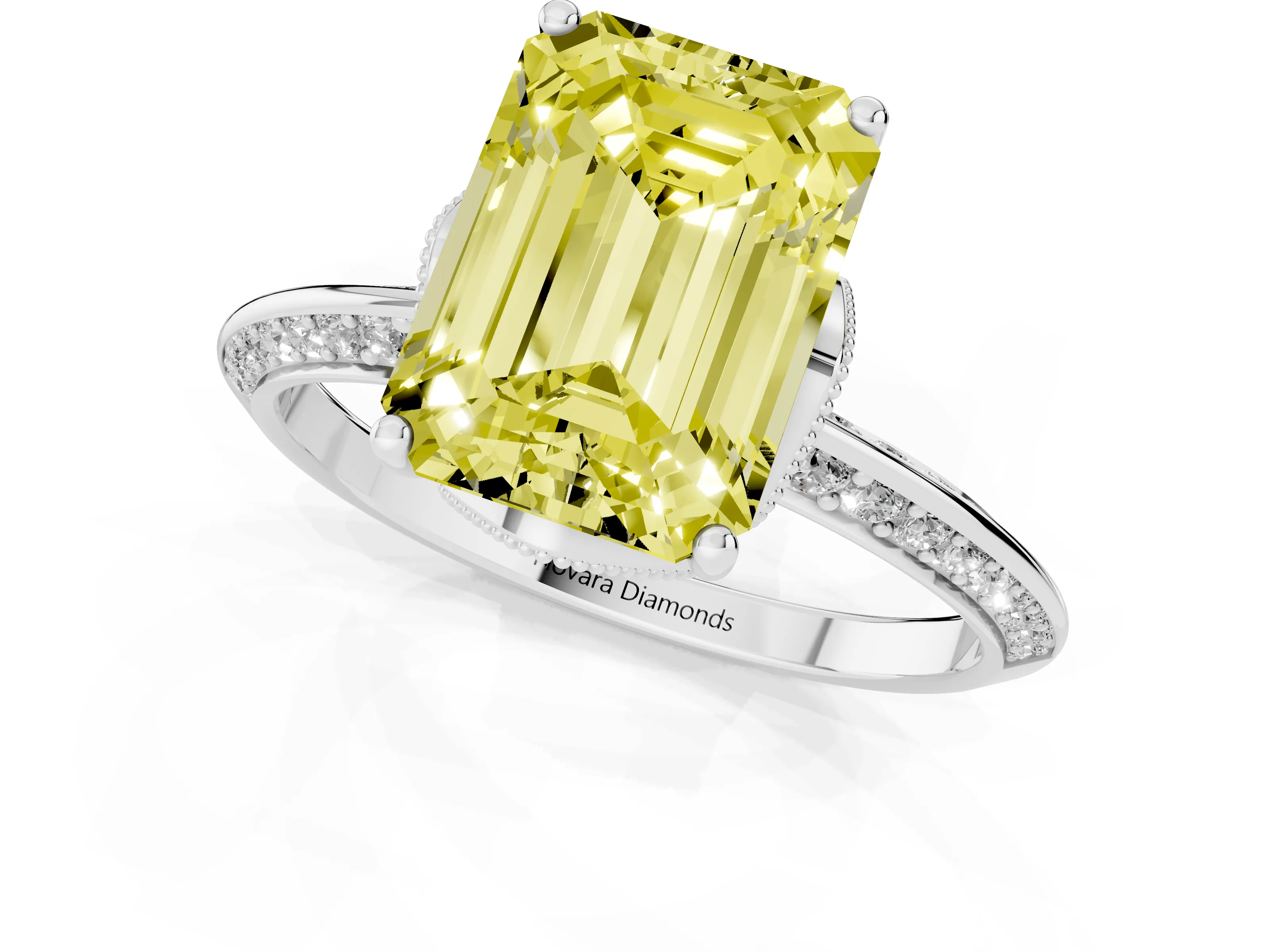 Fancy Yellow Emerald Cut Diamond Solitaire Engagement Ring Set in Platinum with Pavé Split Shank and Prong Setting