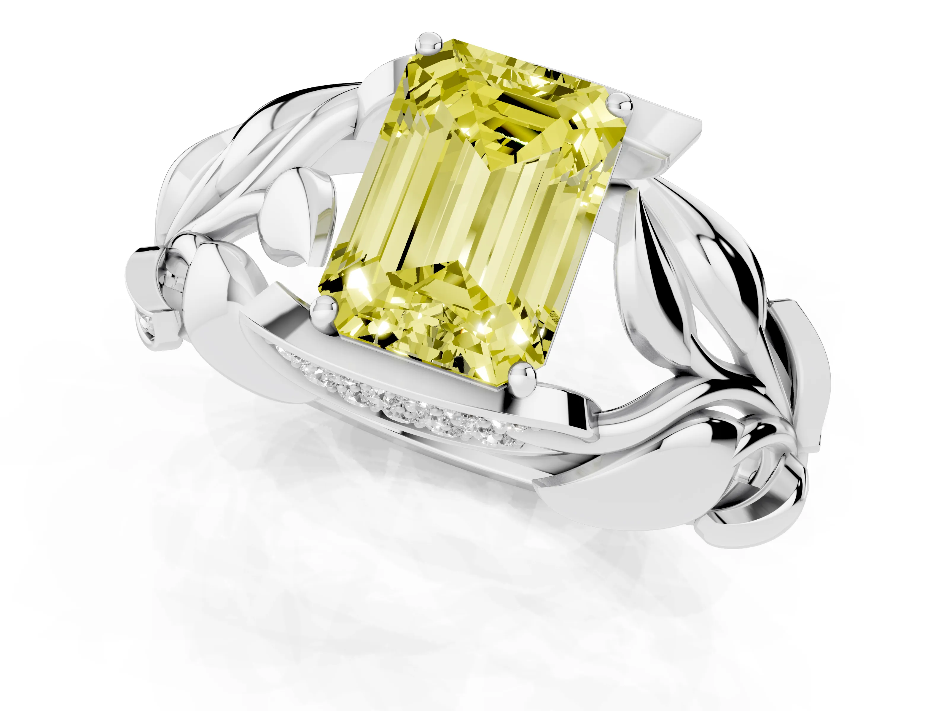 Fancy Yellow Emerald Cut Diamond Leaf-Inspired Engagement Ring Set in Silver with Round Accents
