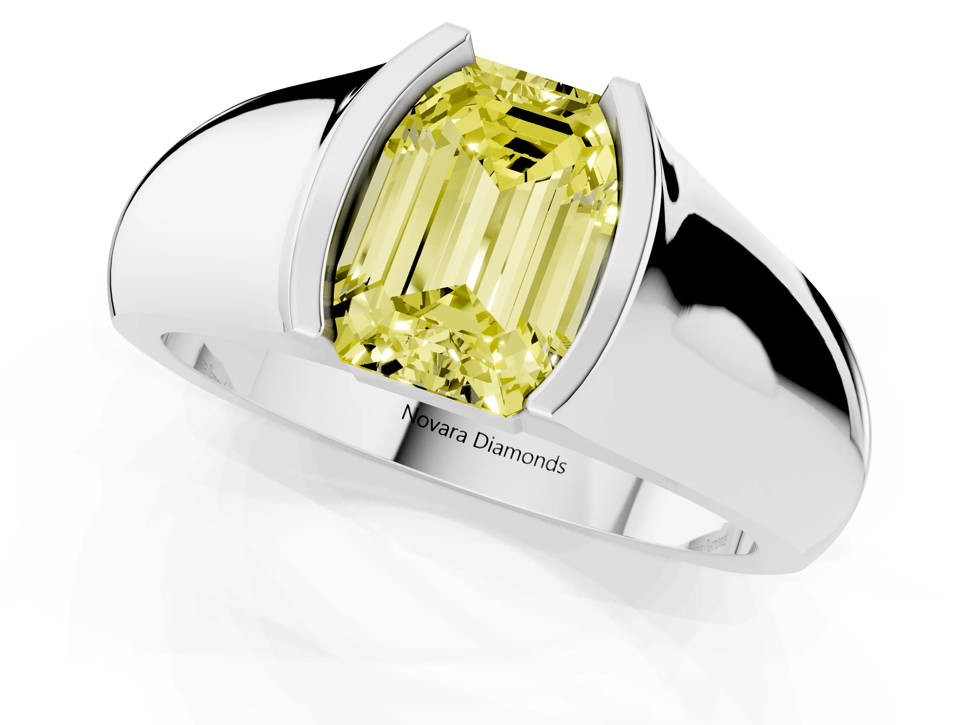 Fancy Yellow Emerald Cut Diamond Bezel Solitaire Ring Set in Silver with Wide Band