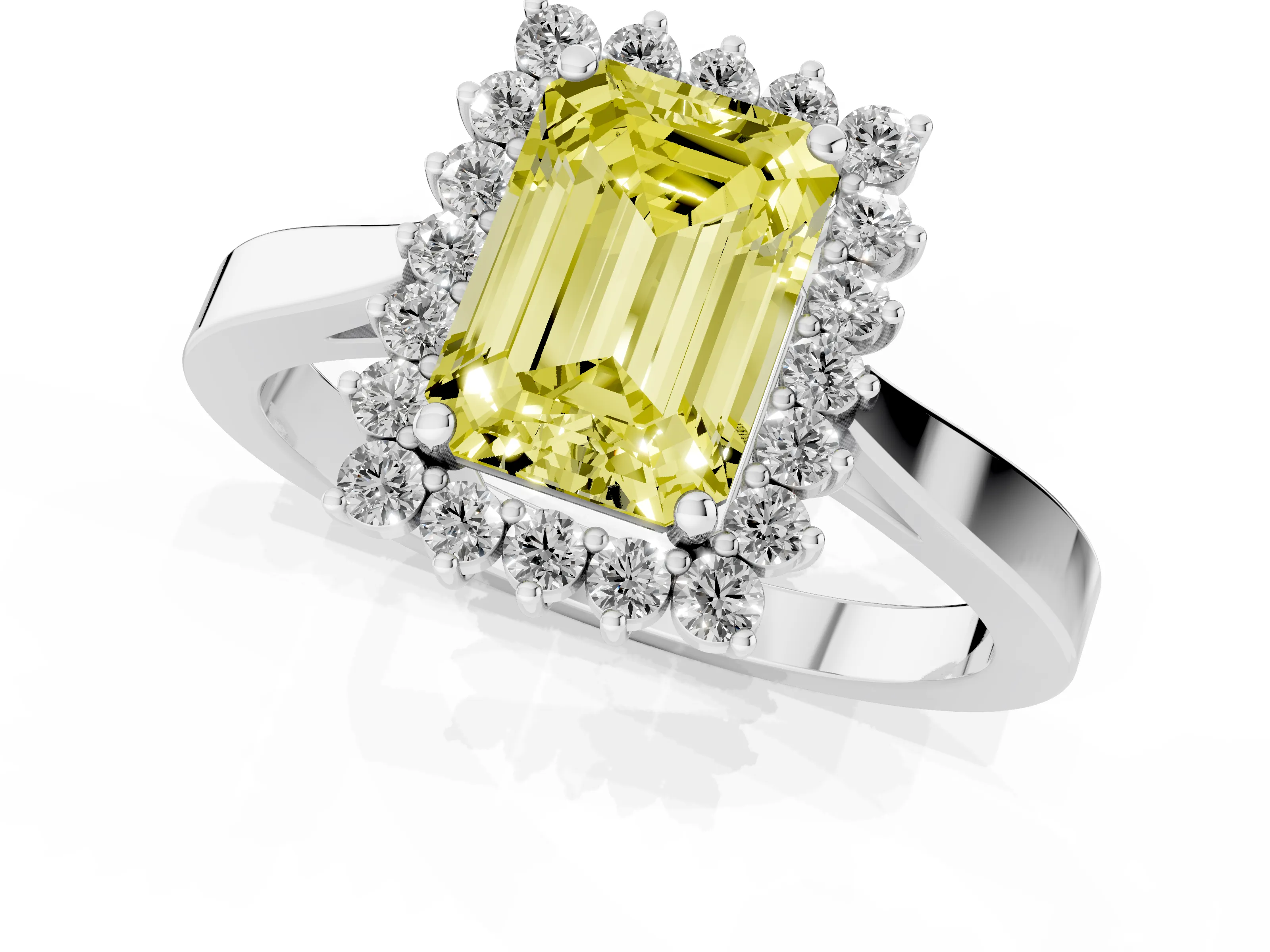 Fancy Yellow Emerald Cut Diamond Halo Ring Set in White gold with Round Halo and Smooth Solitaire Band