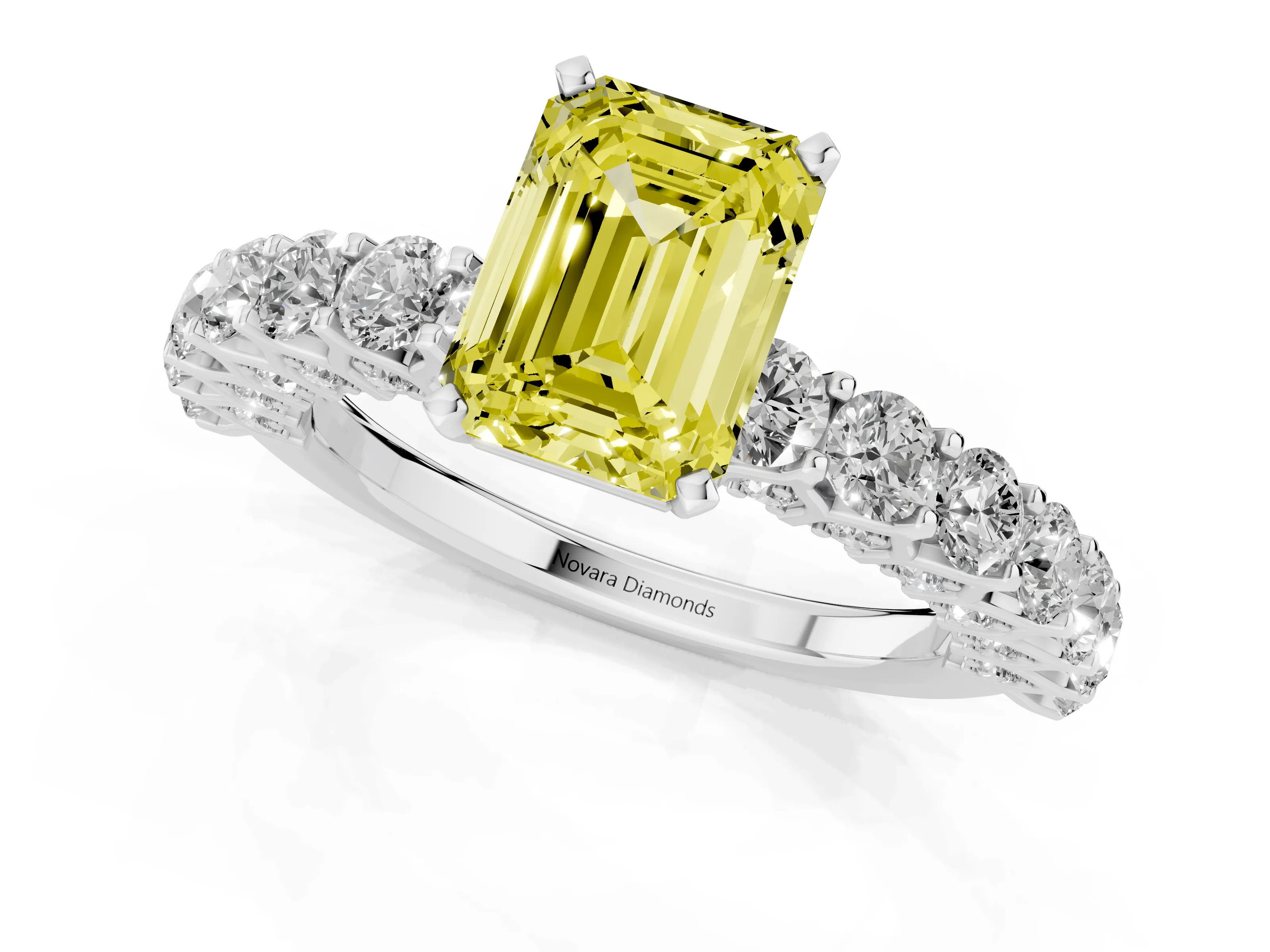 Fancy Yellow Emerald Cut Diamond Solitaire Ring Set in Silver with Shared Prong Pavé Band