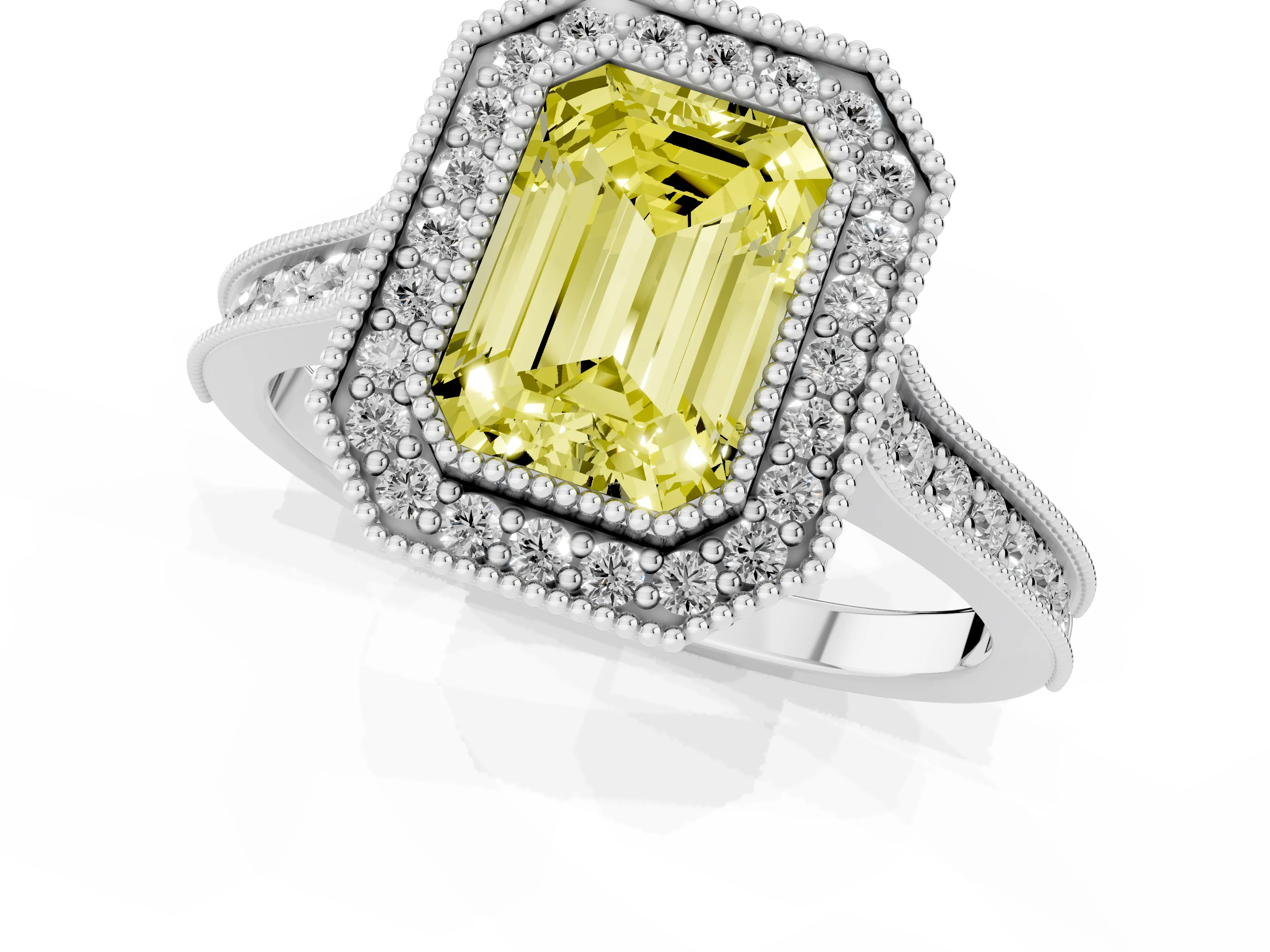 Fancy Yellow Emerald Cut Diamond Halo Milgrain Pavé Band Ring Set in Platinum with Prong Setting