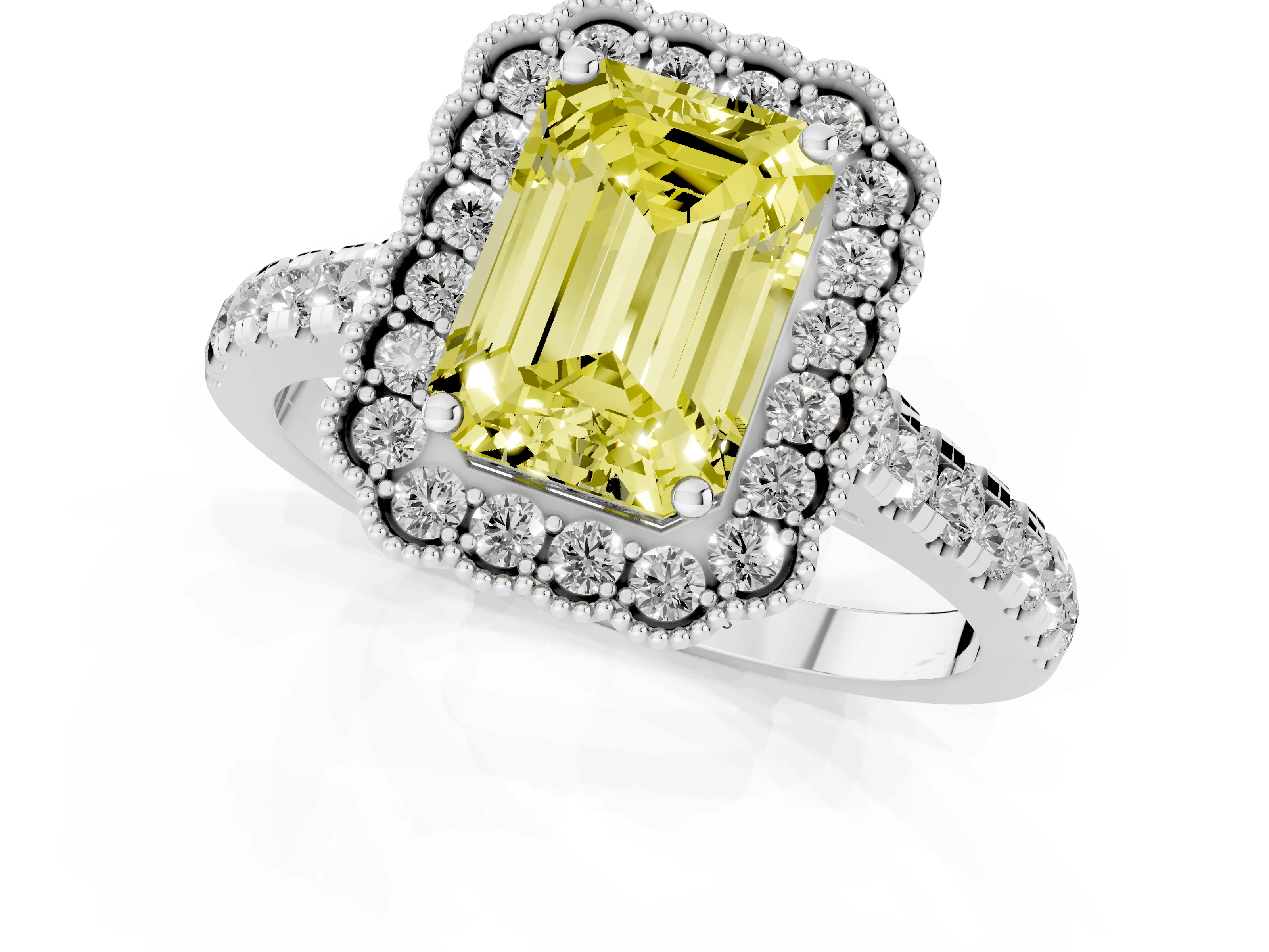 Fancy Yellow Emerald Cut Diamond Milgrain Floral Halo Engagement Ring Set in Silver with Pavé Band