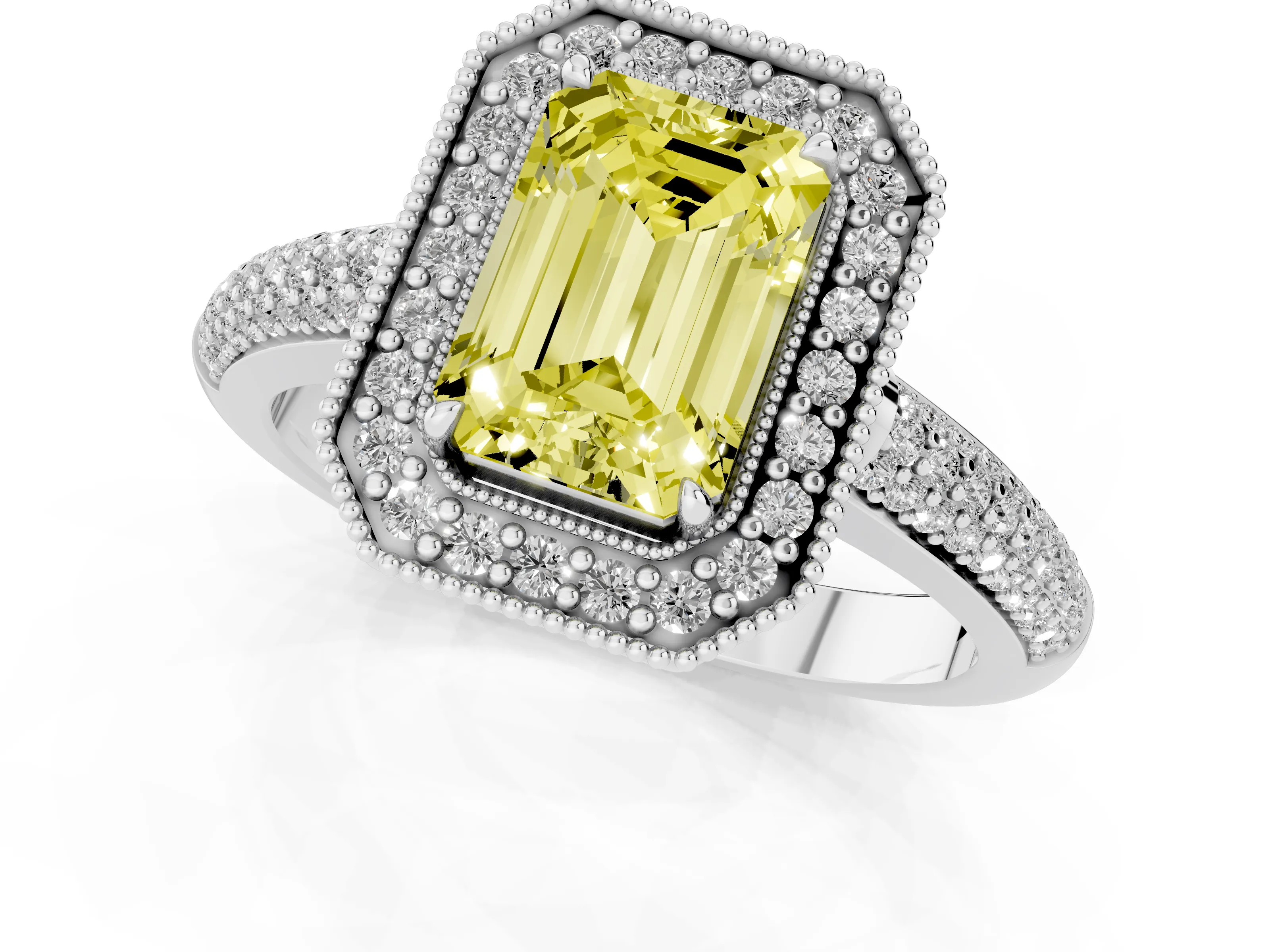 Fancy Yellow Emerald Cut Diamond Halo Pavé Band Set in Platinum with Prong Setting