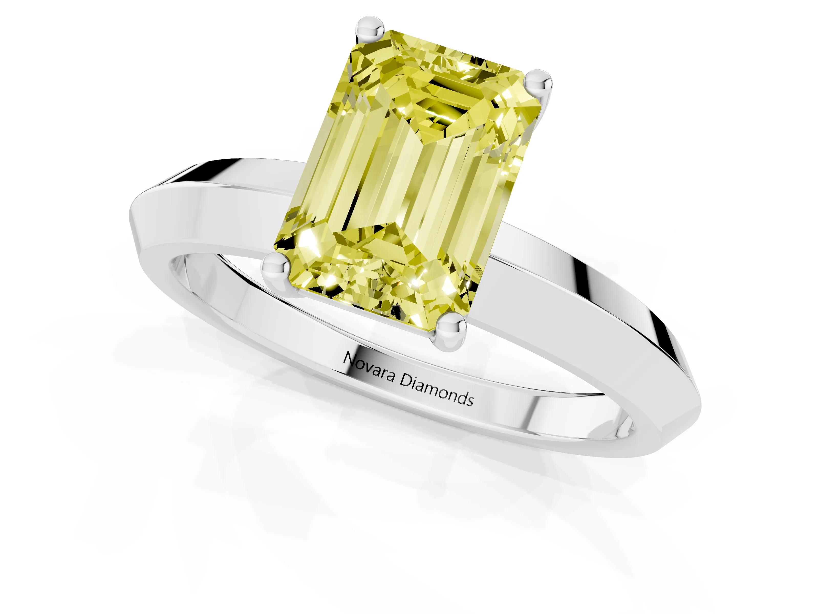 Fancy Yellow Emerald Cut Diamond Solitaire Engagement Ring Set in Platinum with Flat Band and Prong Setting