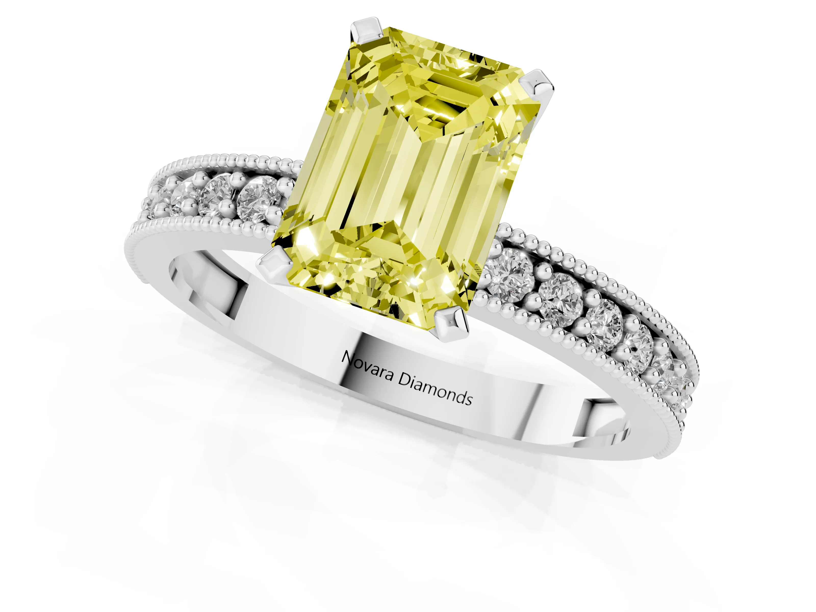 Fancy Yellow Emerald Cut Diamond Milgrain Pavé Engagement Ring Set in White gold with Prong Setting – second view
