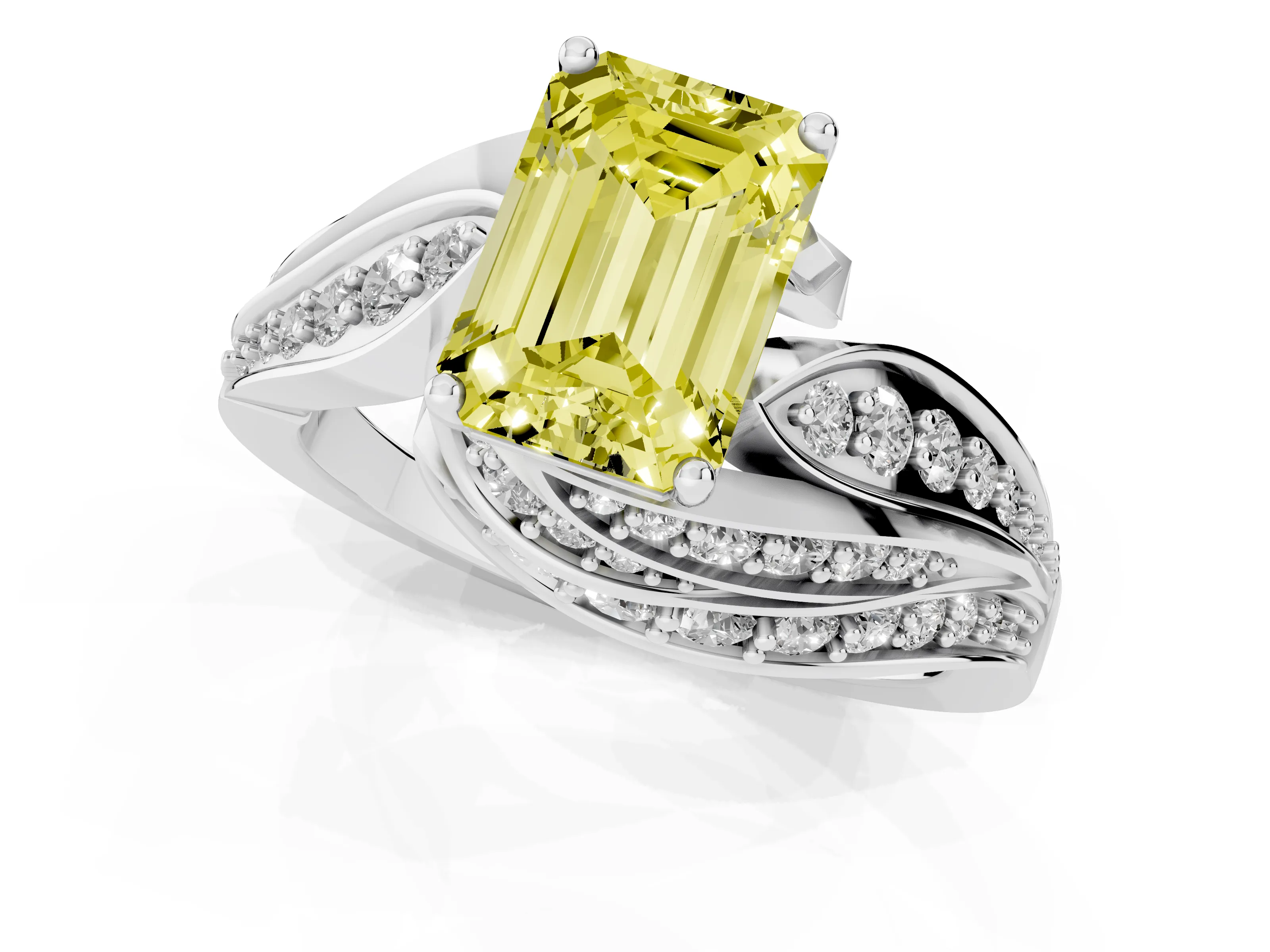 Fancy Yellow Emerald Cut Diamond Solitaire Ring Set in Silver with Layered Twist Pavé Band