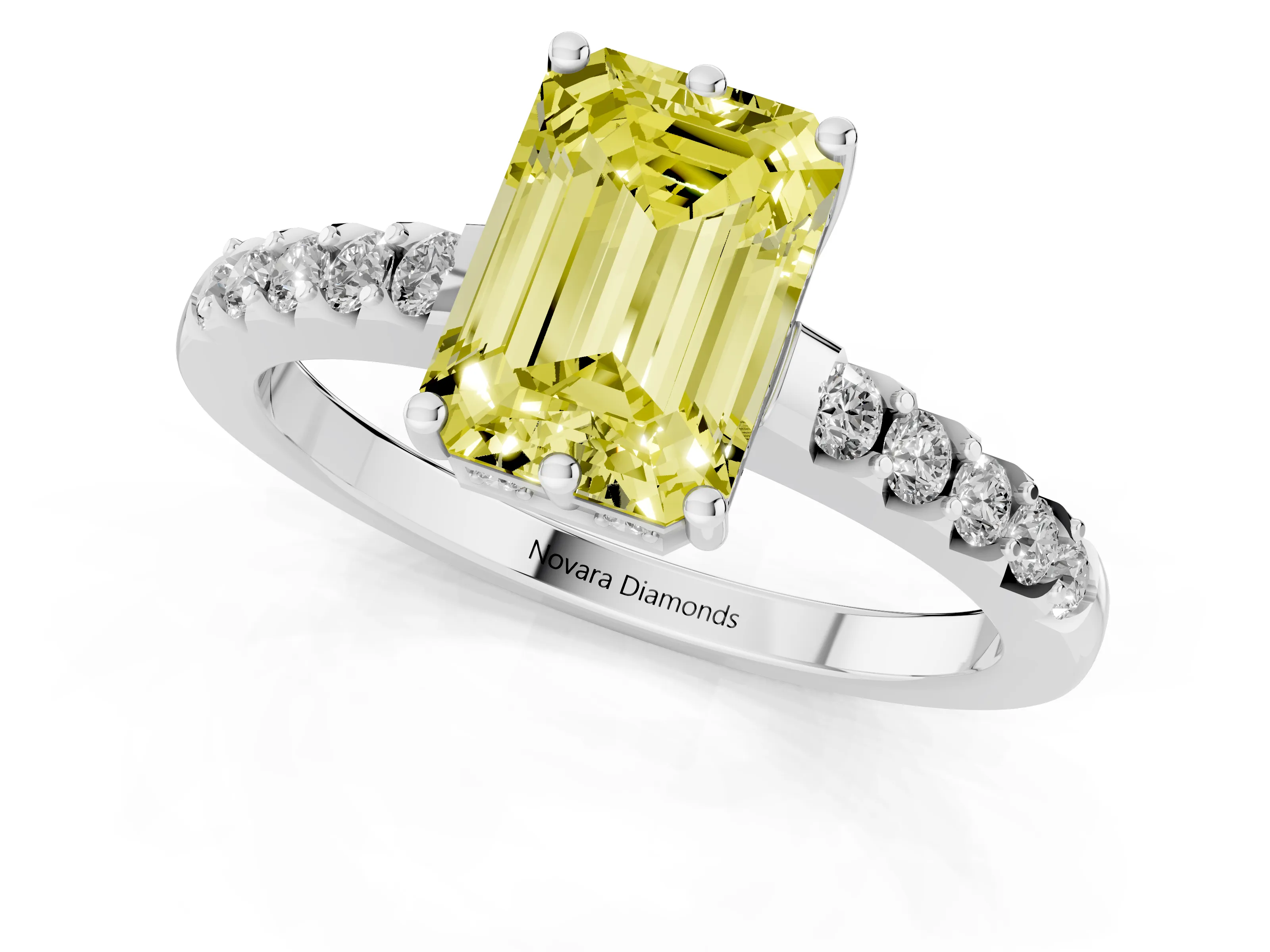 Fancy Yellow Emerald Cut Diamond Solitaire Engagement Ring Set in Silver with Pavé Band and Prong Setting