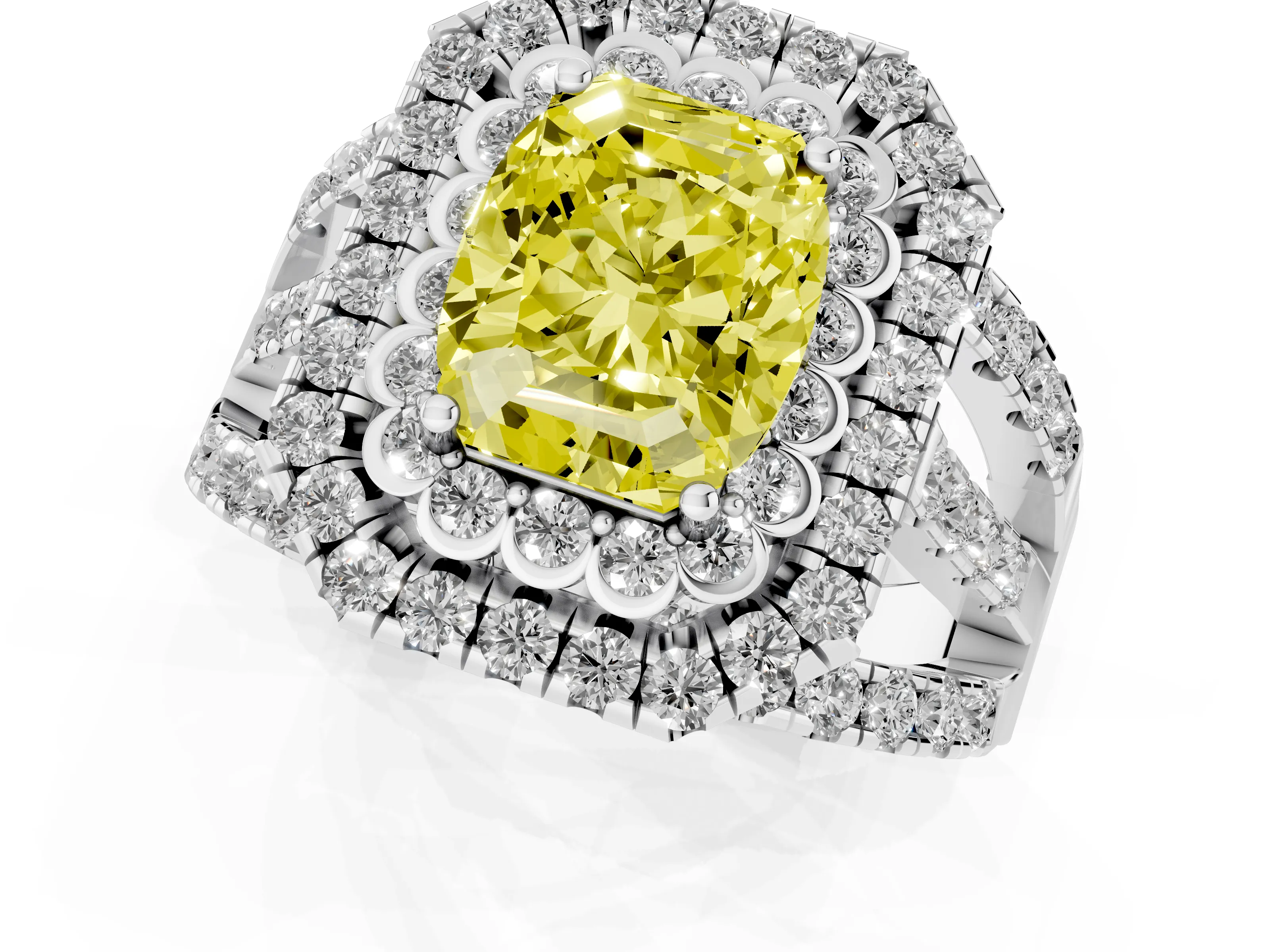 Fancy Yellow Emerald Cut Diamond Double Halo Ring Set in Silver with Round Pavé Split Shank