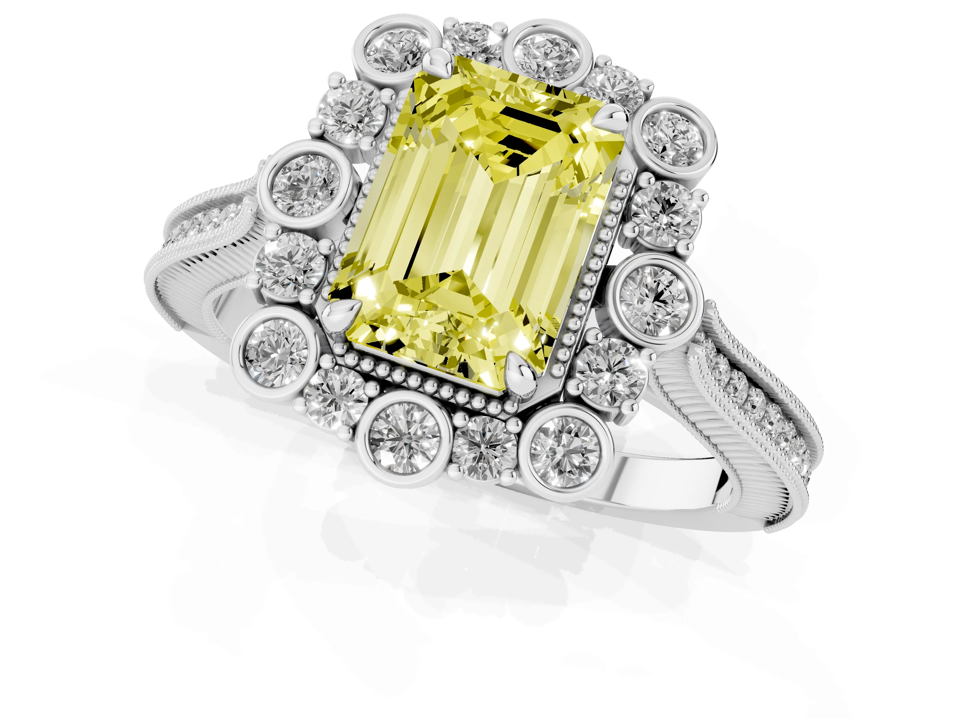 Fancy Yellow Emerald Cut Diamond Halo Milgrain Pavé Ring Set in White gold with Prong Setting