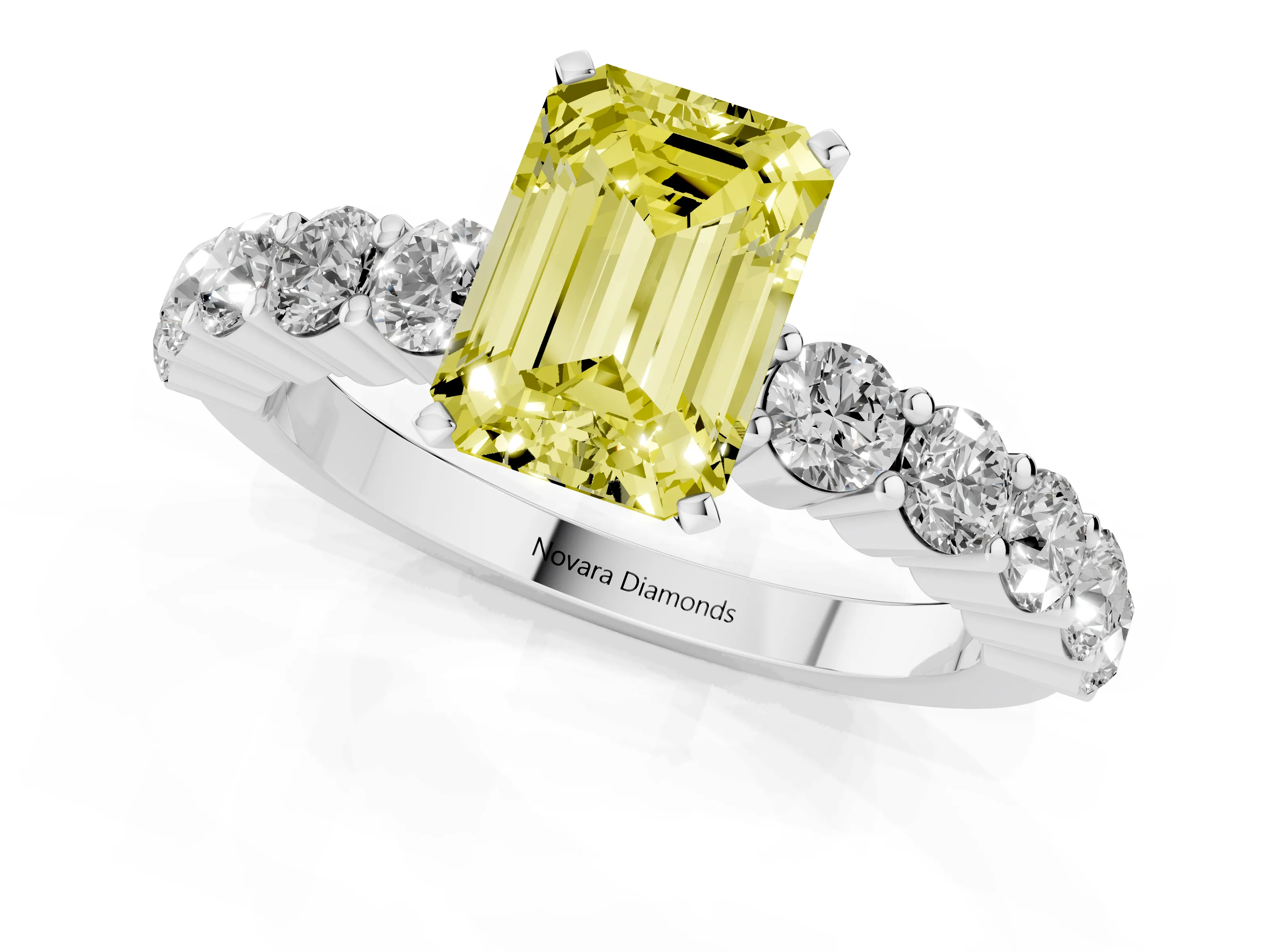 Fancy Yellow Emerald Cut Diamond Solitaire Ring Set in White gold with Shared Prong Round Side Stones