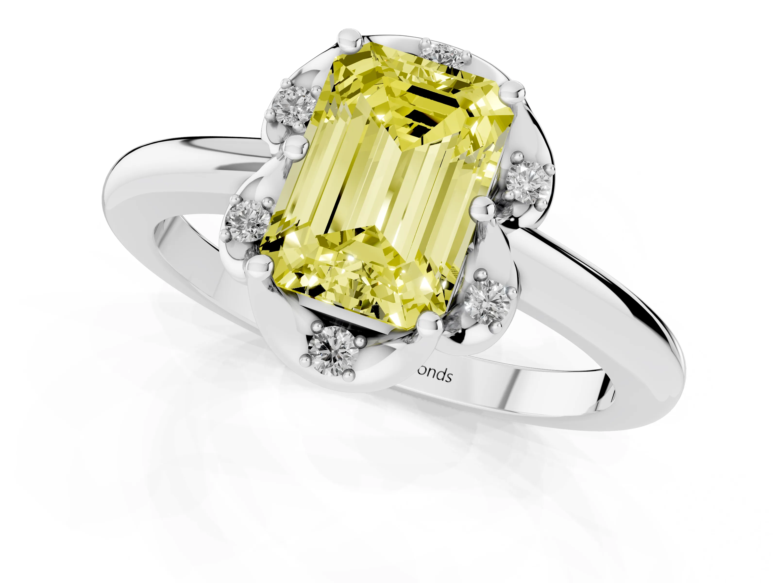 Fancy Yellow Emerald Cut Diamond Round Cluster Halo Ring Set in White gold with Solitaire Band and Prong Setting