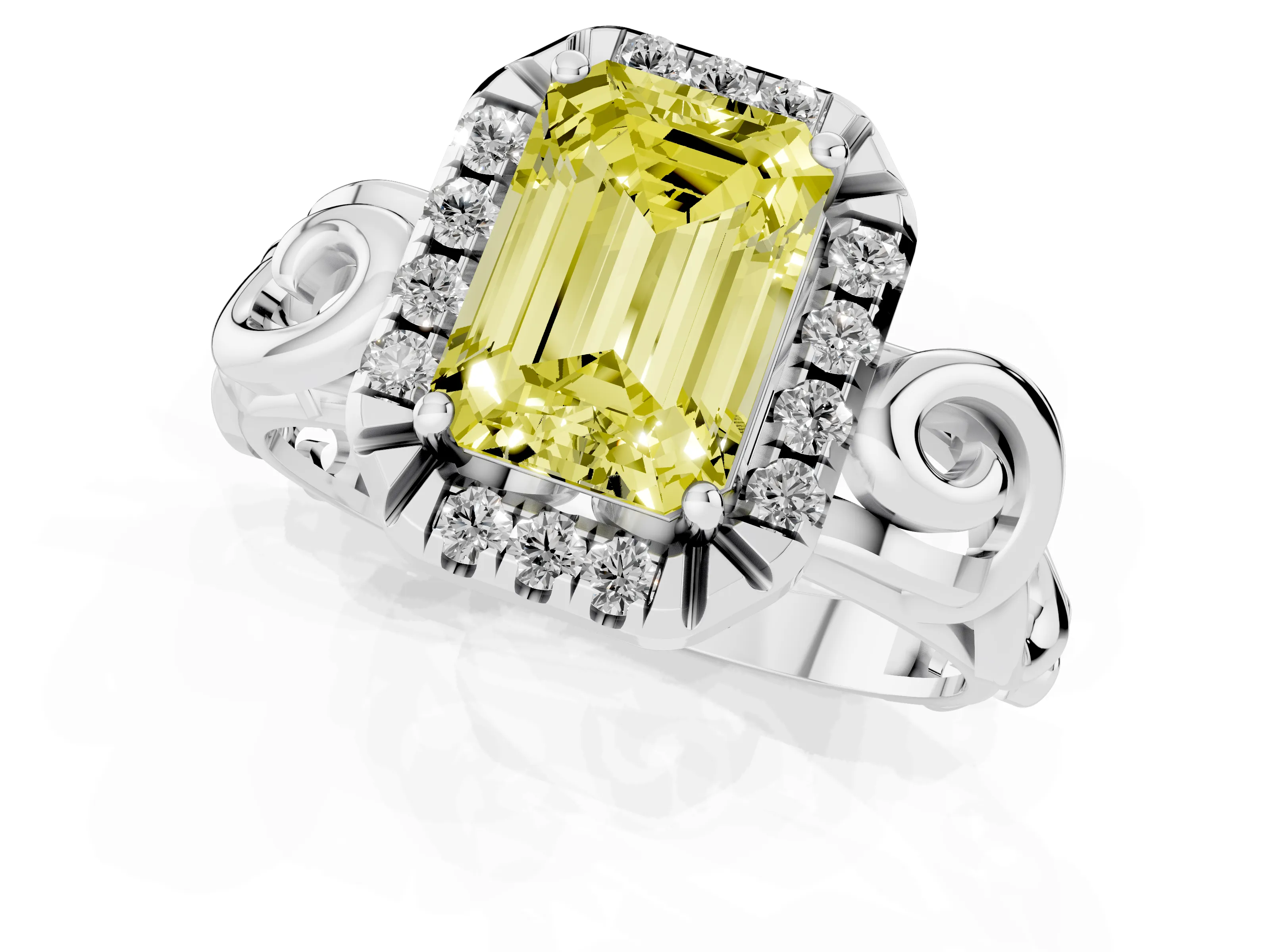 Fancy Yellow Emerald Cut Diamond Halo Ring Set in White gold with Scrollwork Band and Prong Setting