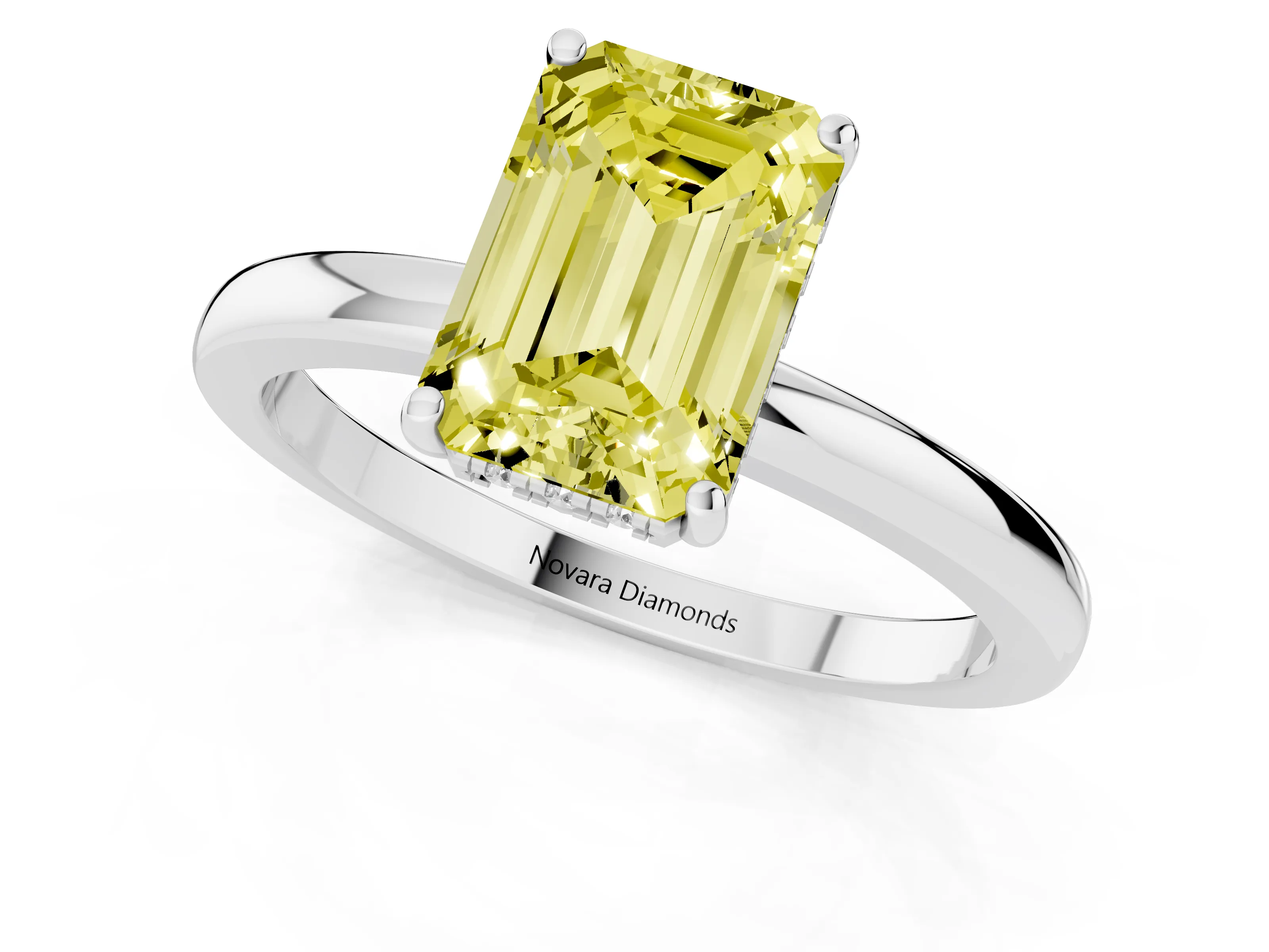 Fancy Yellow Emerald Cut Diamond Solitaire Ring Set in Silver with Plain Band and Prong Setting