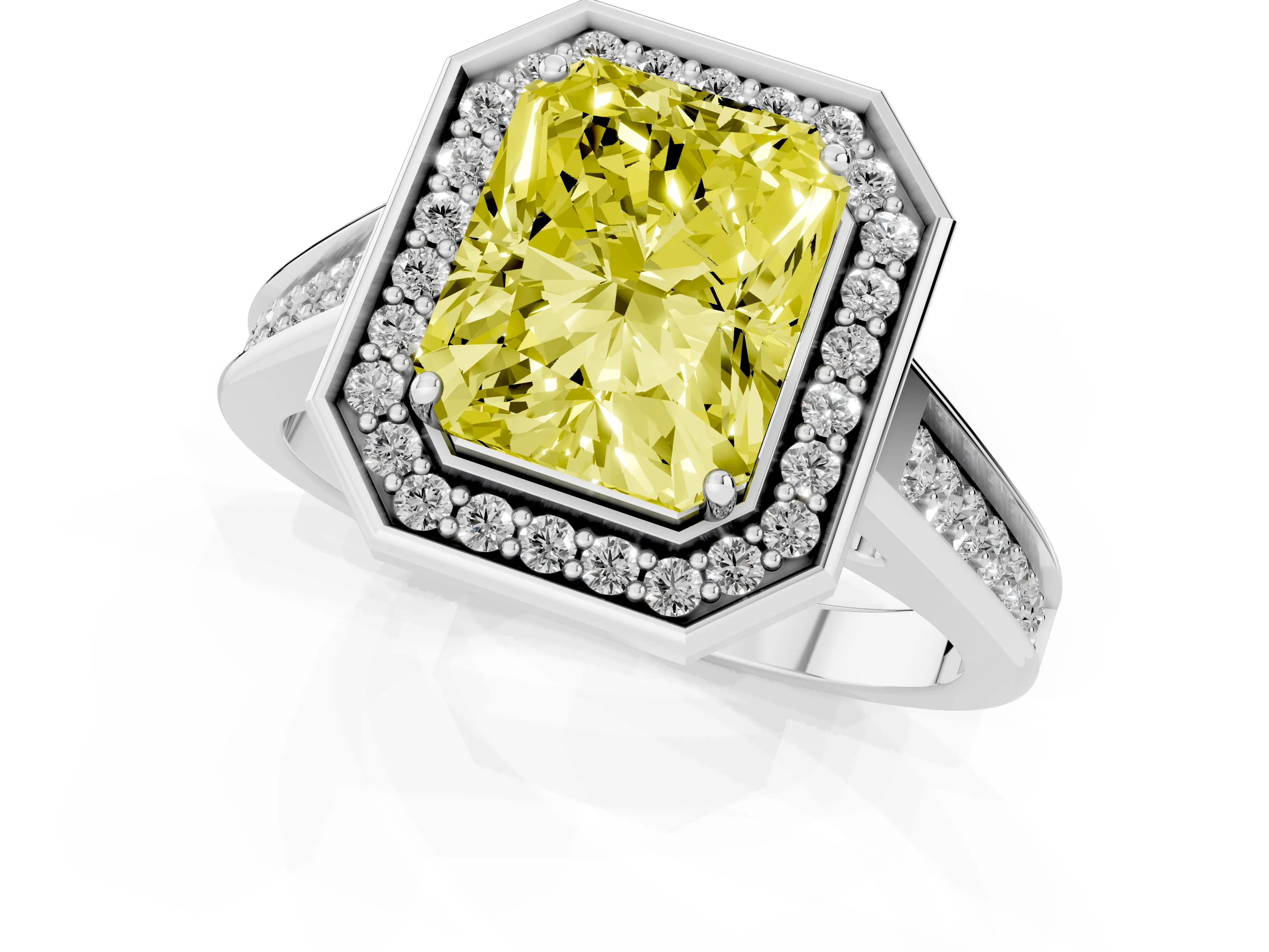 Fancy Yellow Emerald Cut Diamond Halo Solitaire Ring Set in Silver with Pavé Band and Bezel Setting