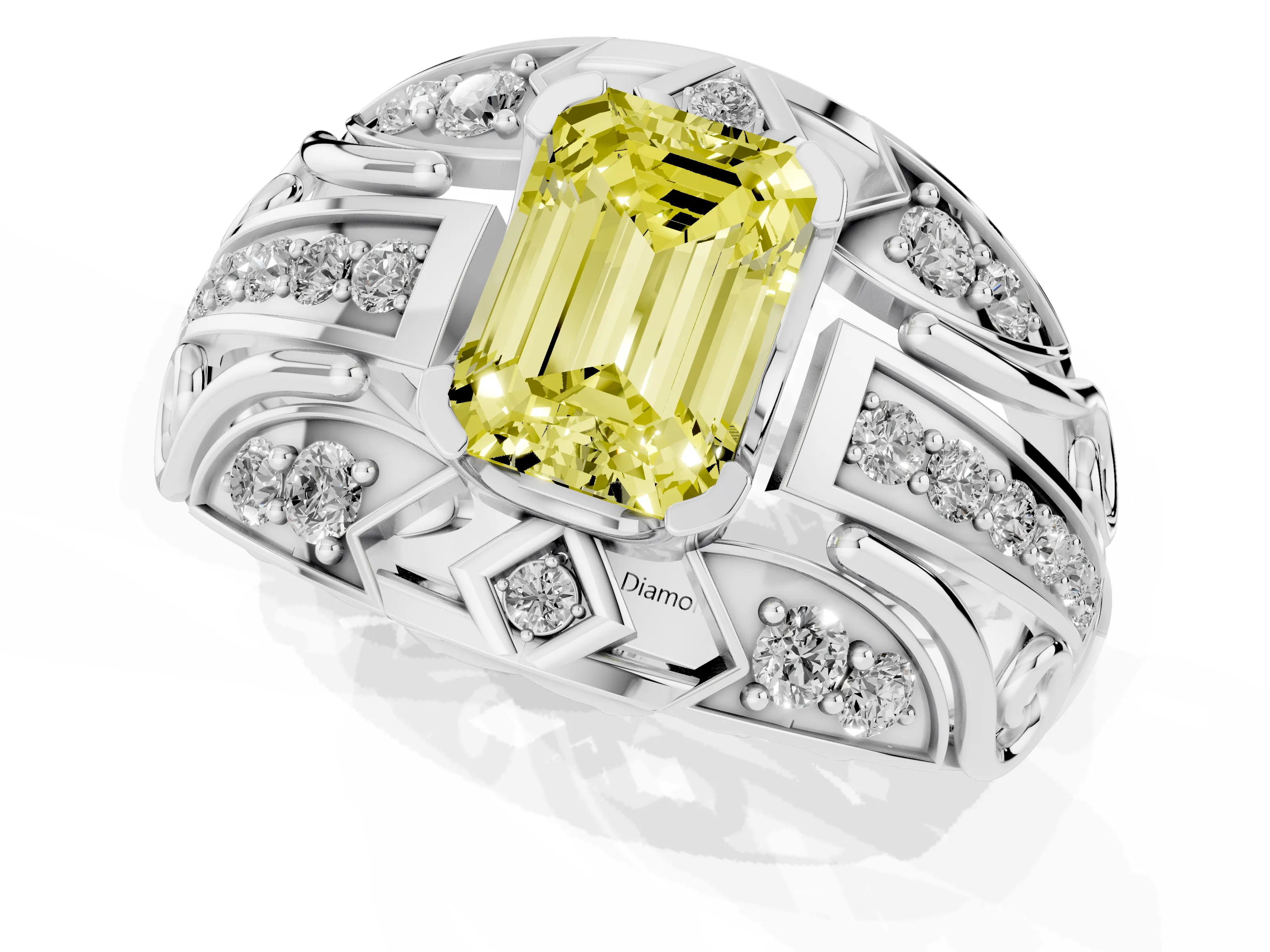 Fancy Yellow Emerald Cut Diamond Art Deco Ring Set in White gold with Pavé Split Shank – second view
