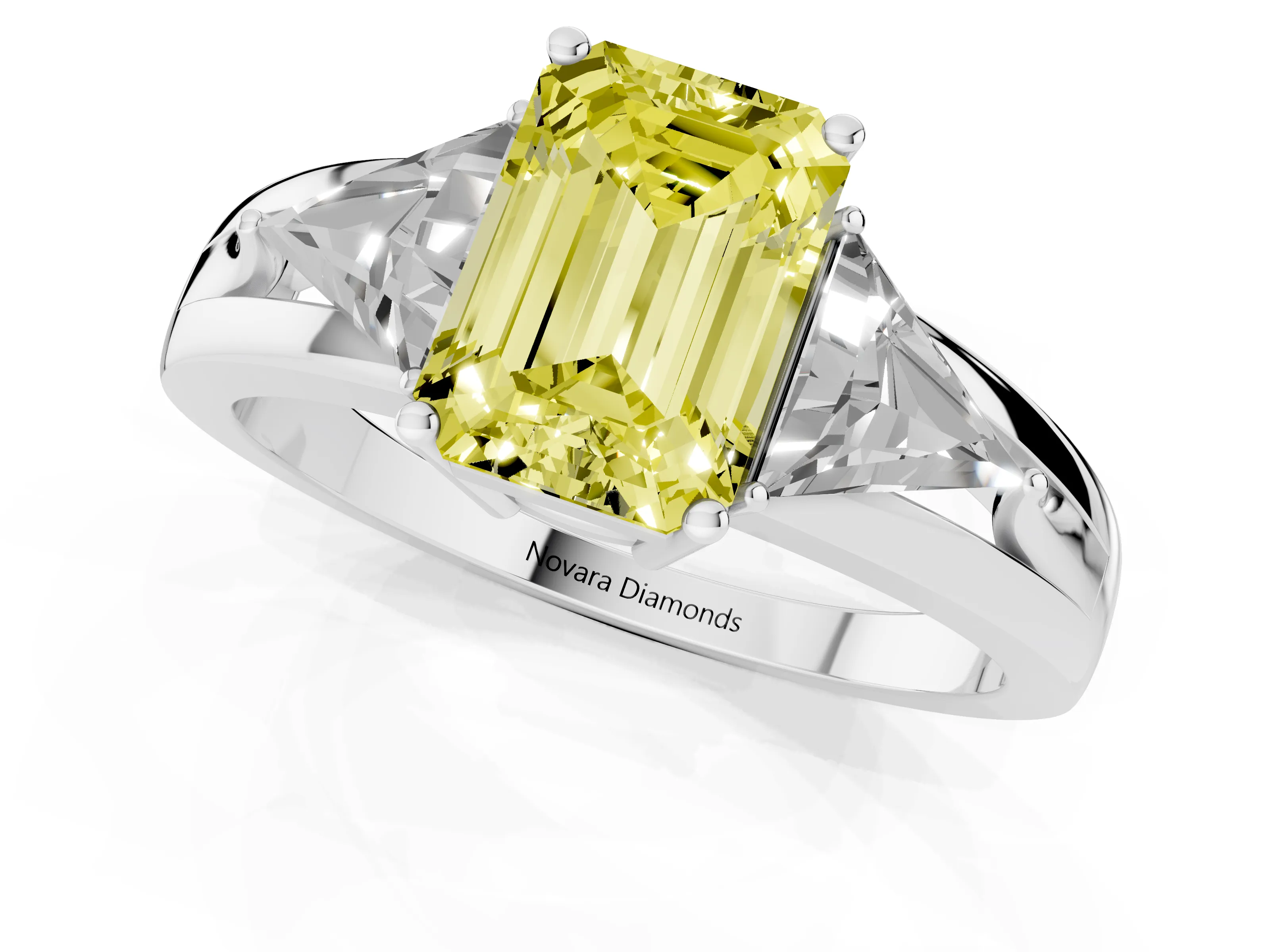 Fancy Yellow Emerald Cut Diamond Three-Stone Ring Set in Silver with Trillion Side Stones and Split Shank