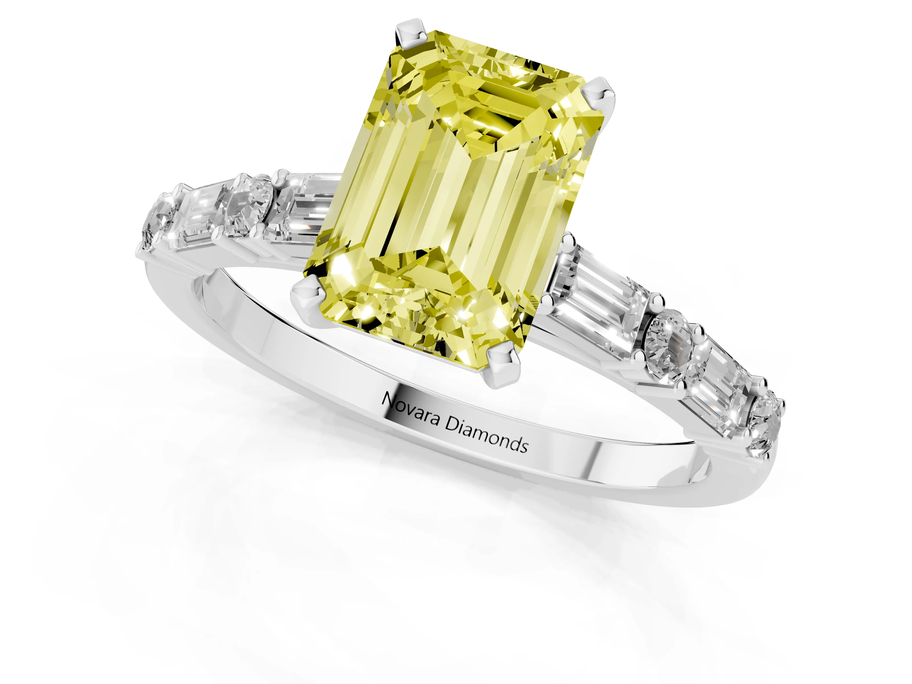 Fancy Yellow Emerald Cut Diamond Solitaire Set in Platinum with Side Baguettes and Channel Set Band
